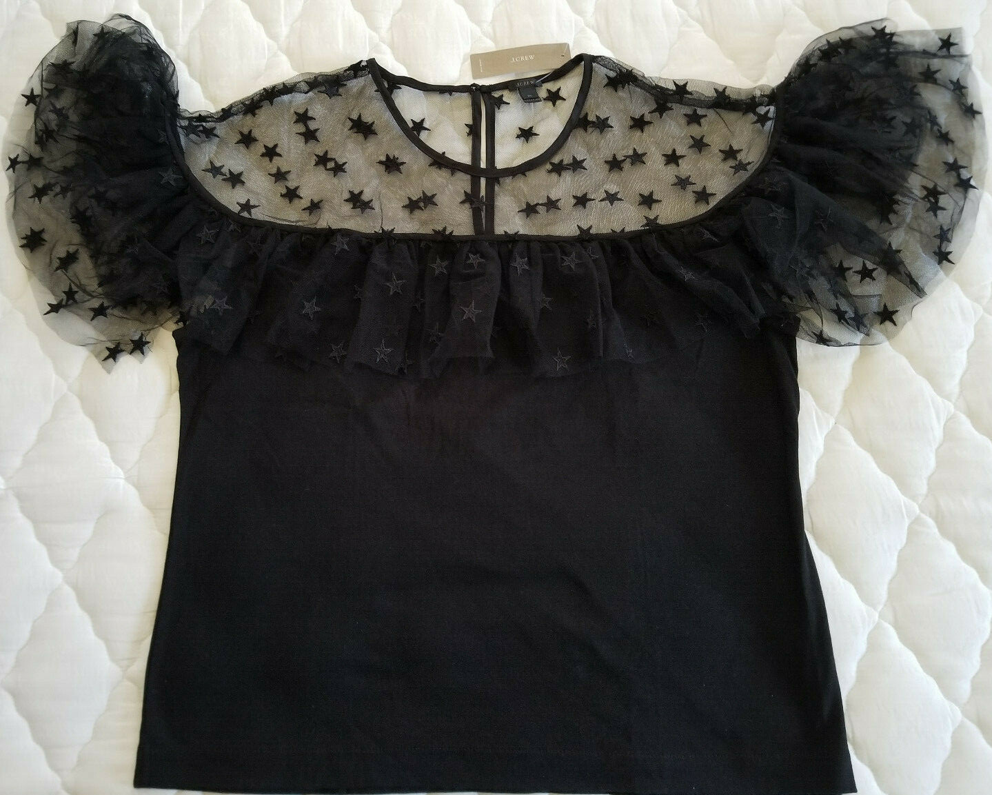 JCREW NWT XL Black Star Embroidered Mesh Ruffle trim dressy top flutter sleeve