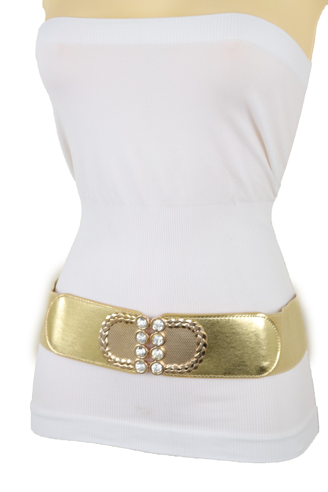 Women Gold Color Elastic Waistband Fabric Strap Fashion Belt Metal Buckle S M