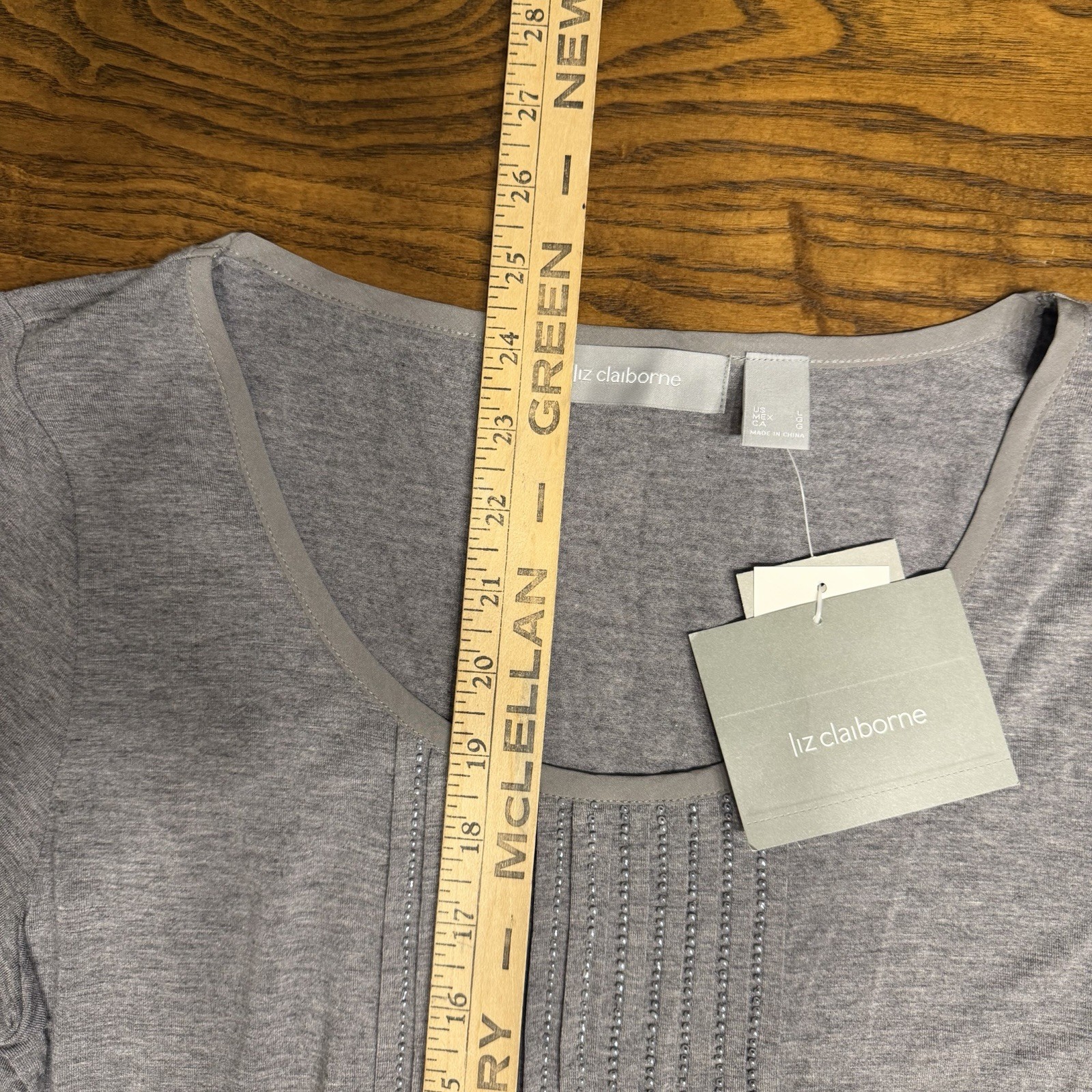 Liz Claiborne Light Grey Long Sleeved Central Pleated Rhinestone Panel Shirt L