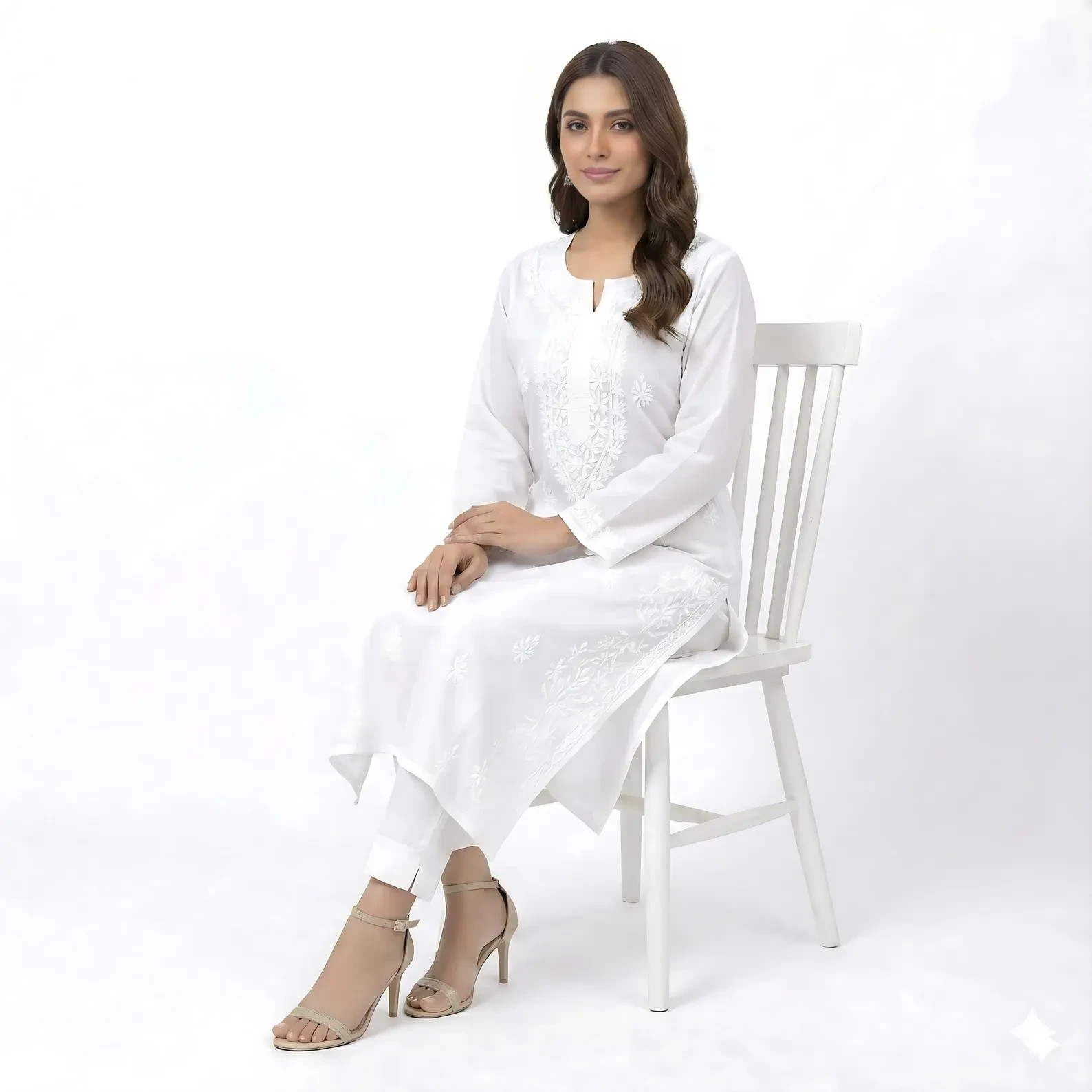 White Hand Embroidered Cotton Kurti: White Straight Cotton Salwaar Kameez Women