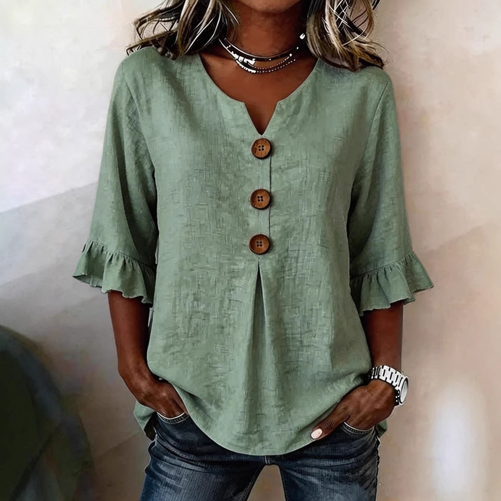 Summer Ruffled-Sleeve Top Loose Casual V-Neck Buttons Short-sleeved Shirts Women