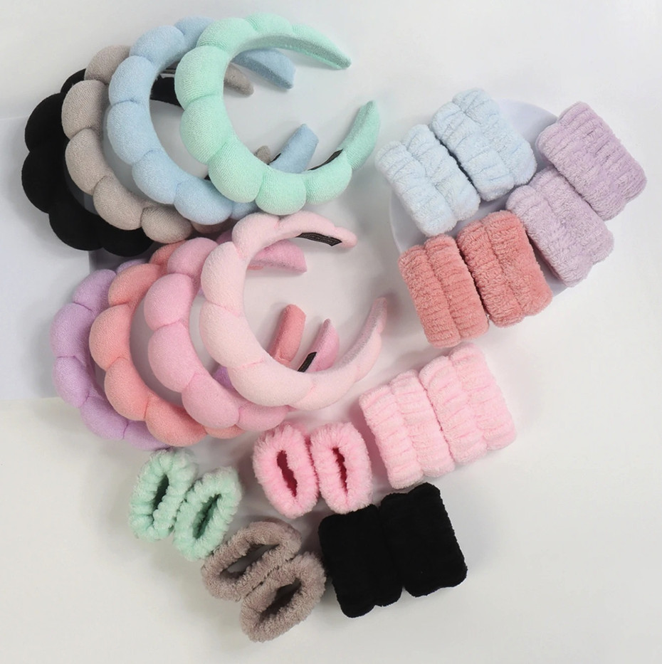 3pcs Microfiber Wristbands & Puffy Spa Headband Set for Face Washing – NEW