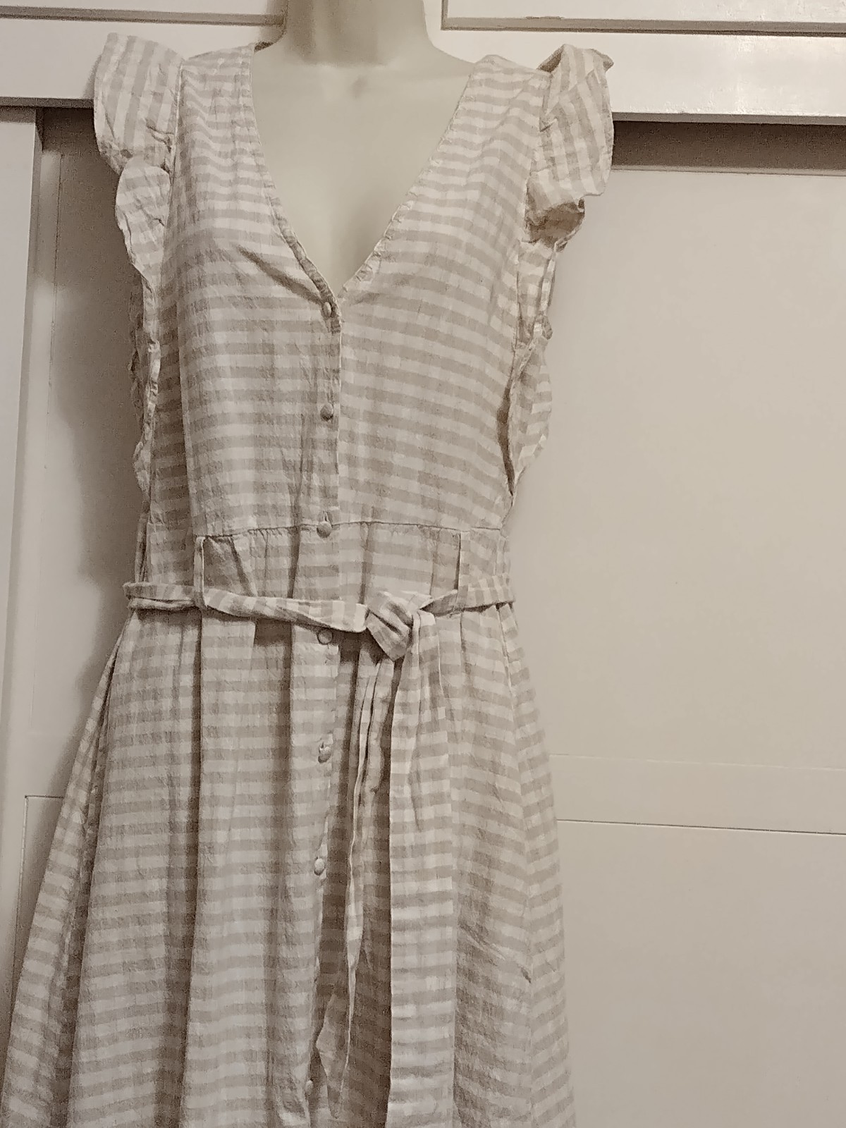 Zara Womens Plaid Ruffle Sleeveless Dress Maxi Linen Blend Beige White Size M