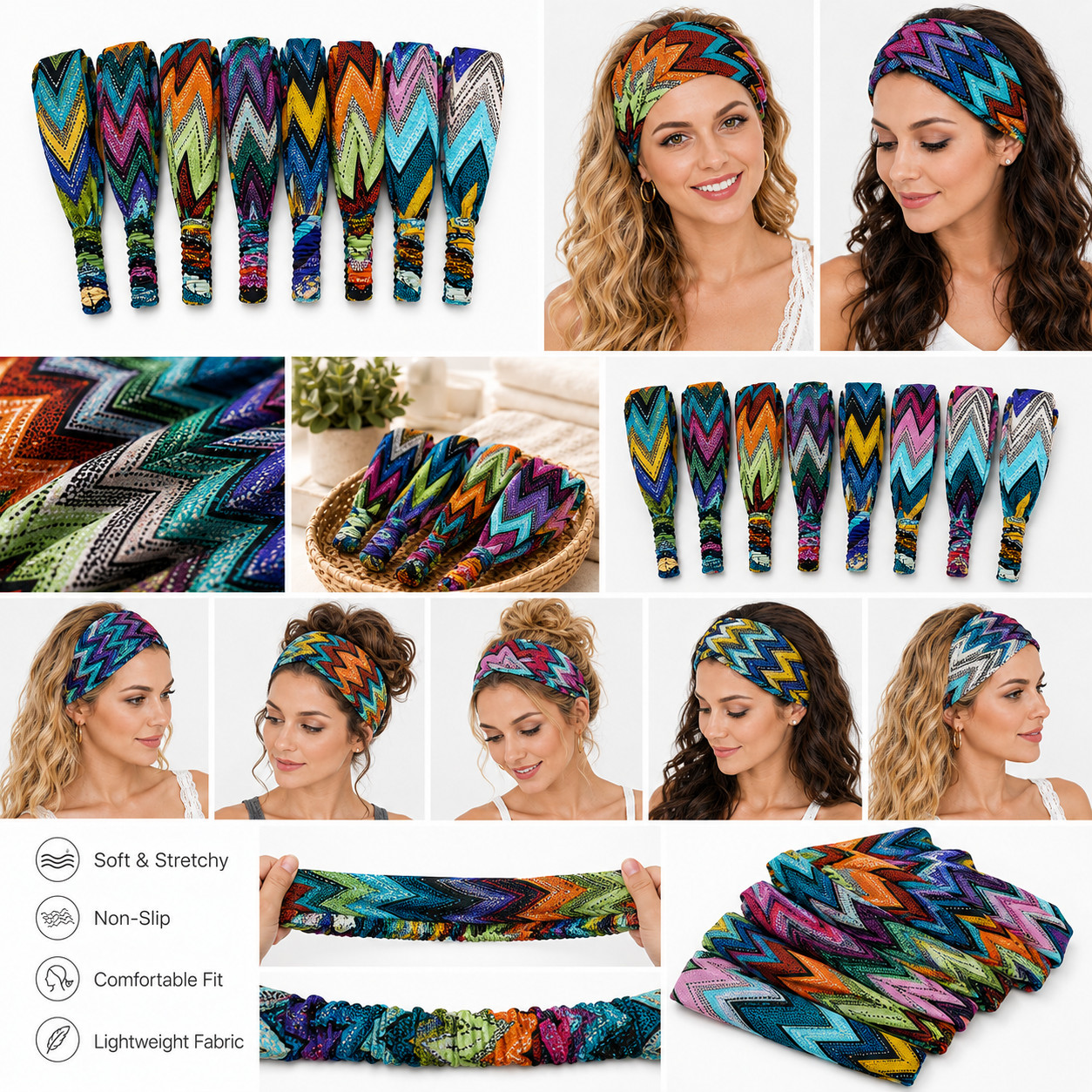 6 pieces Zigzag Striped Bandana Turban Head Wrap Headband Band Workout Yoga Lots