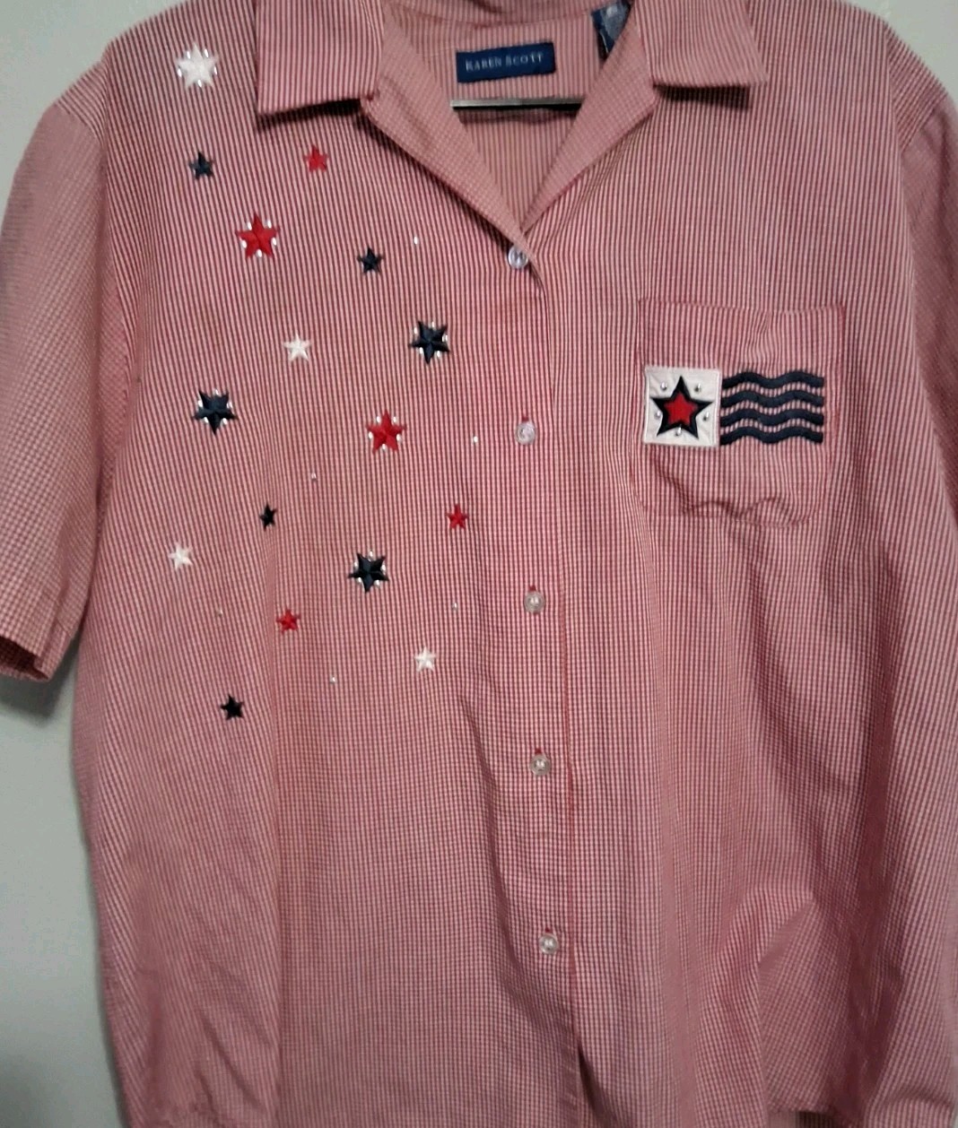Karen Scott Gingham Button-Up Shirt XL Red/White Blue Patriotic Embroidered