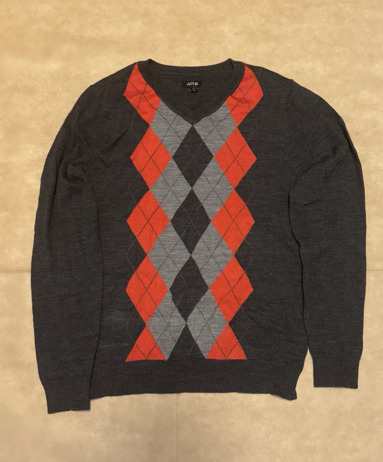APT. 9 V-NECK SWEATER MENS’ SMALL CHARCOAL/GREY/ORANGE COLOR