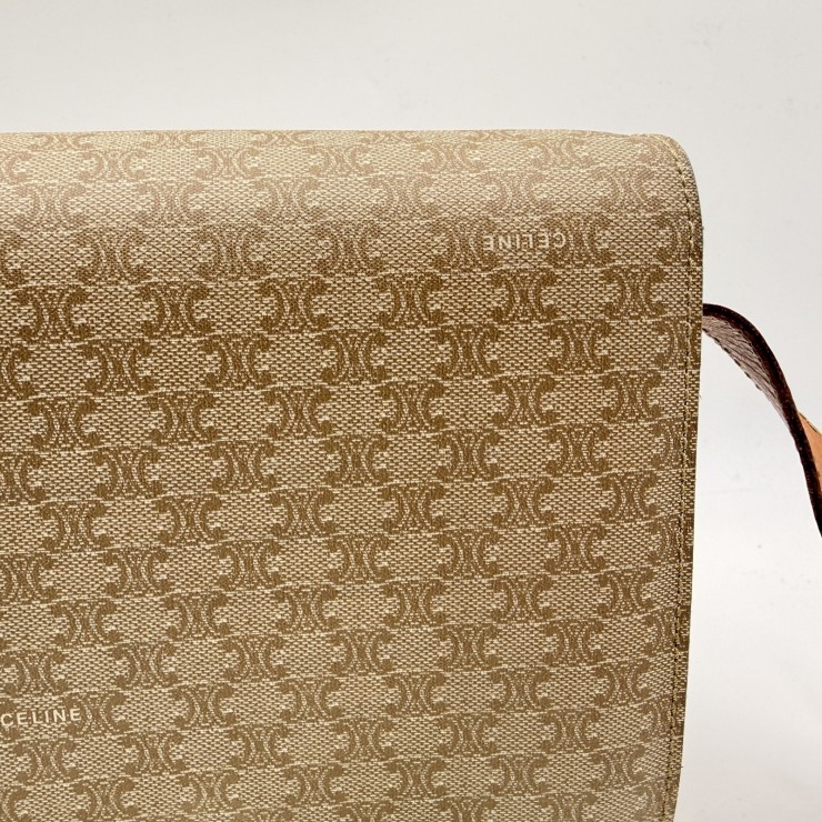 CELINE Vintage Macadam Shoulder Bag in Beige PVC and Leather with Gold-Tone …