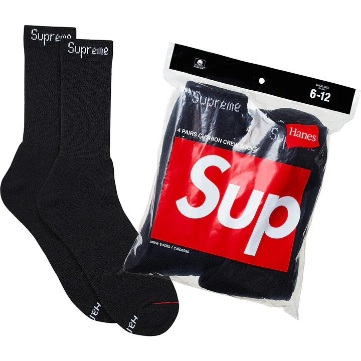 Supreme Hanes Crew Socks – Black 4 Pack, Size 6-12