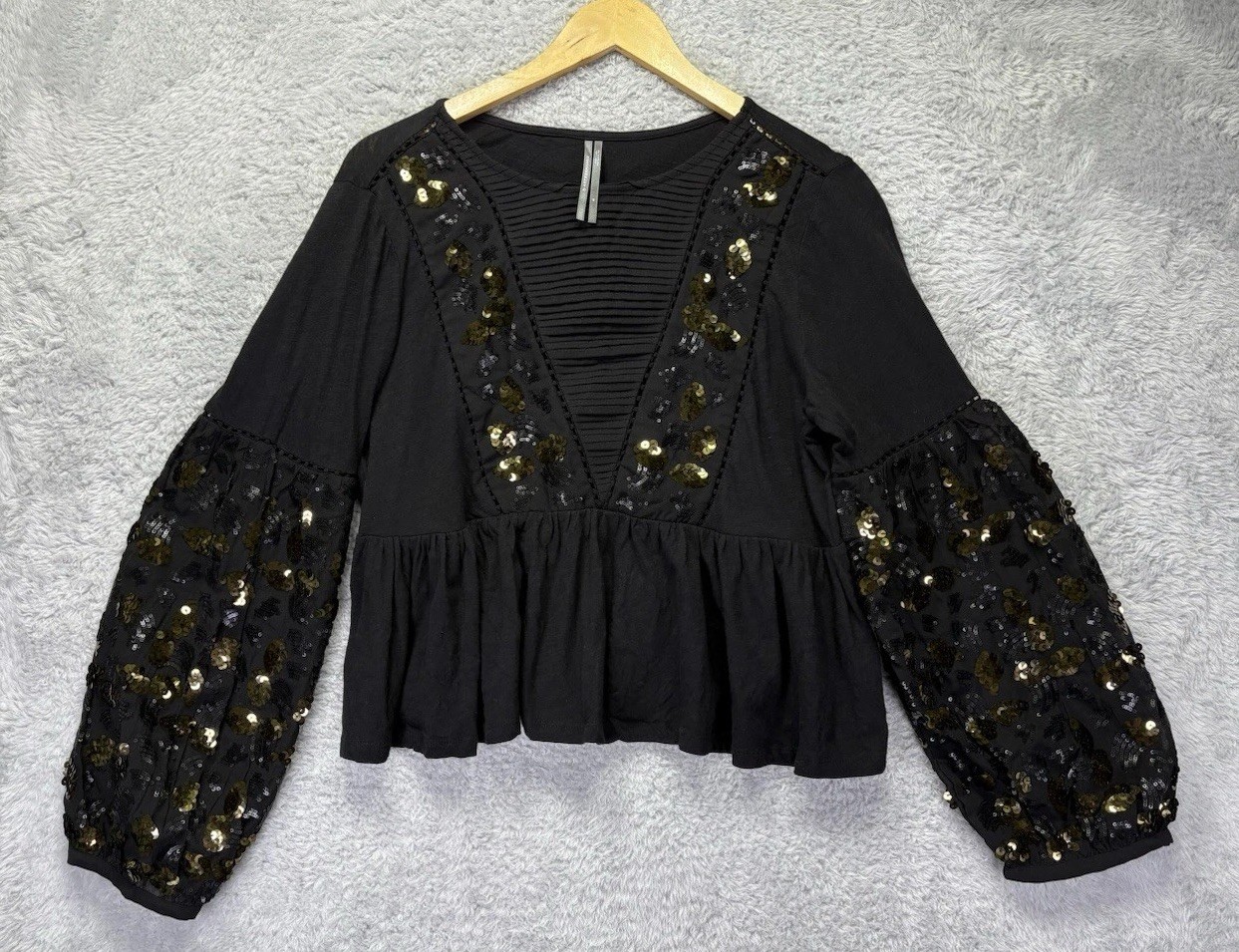 Anthropologie Womens Medium Black Sequin Embellished Peplum Top Balloon Sleeve
