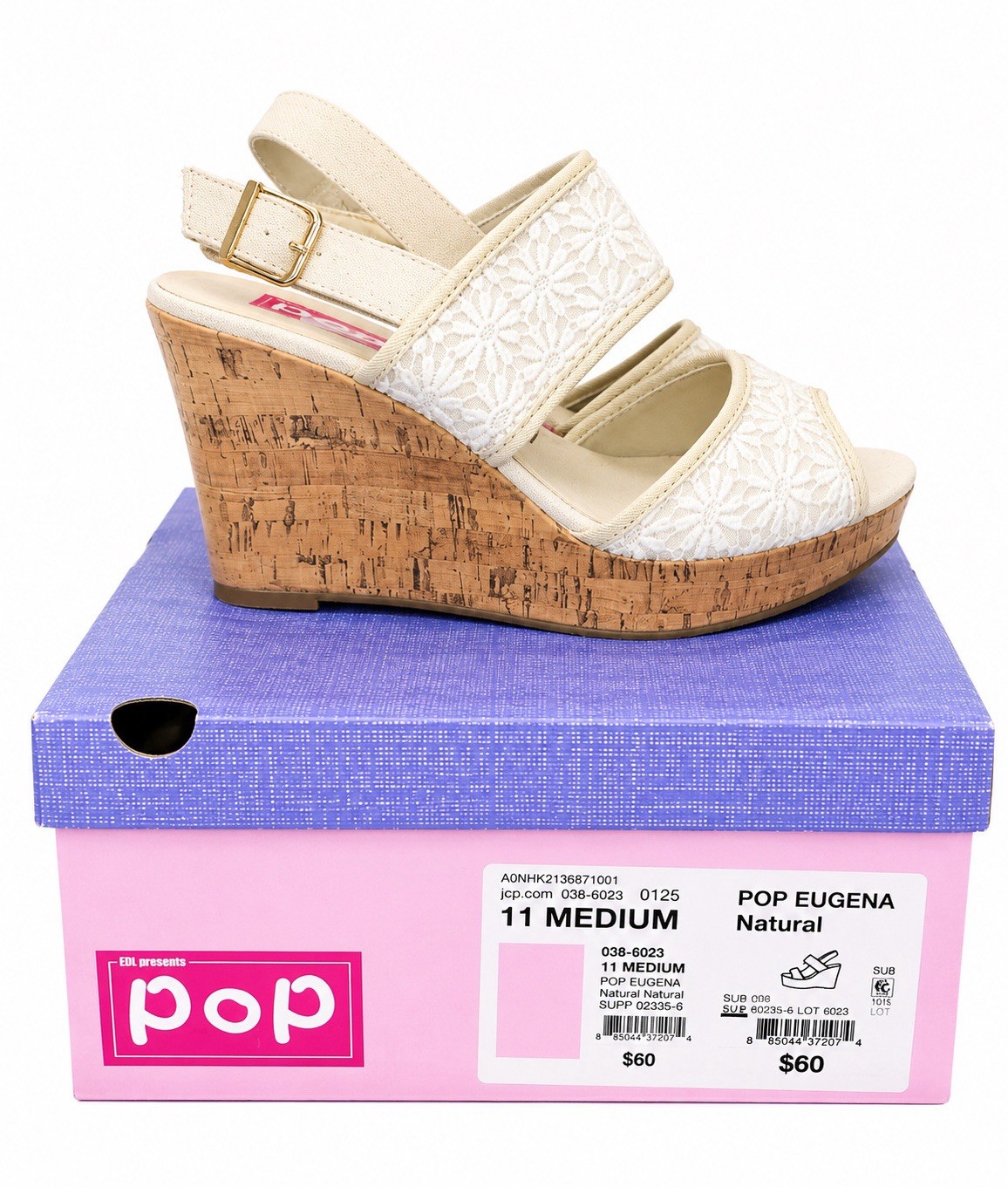 POP Eugena Natural Lace Cork Wedge Sandals Women’s Size 11M Open Toe Slingback