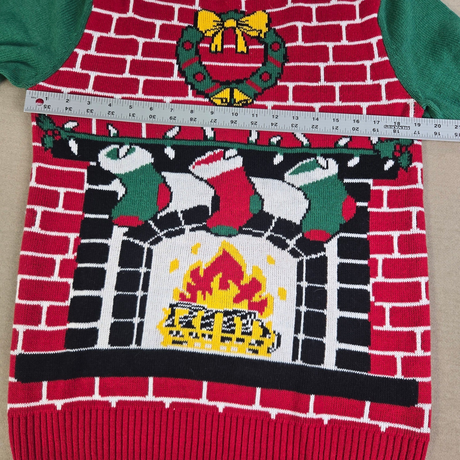Ugly Christmas Sweater Fireplace Stockings Wreath Red Green Small