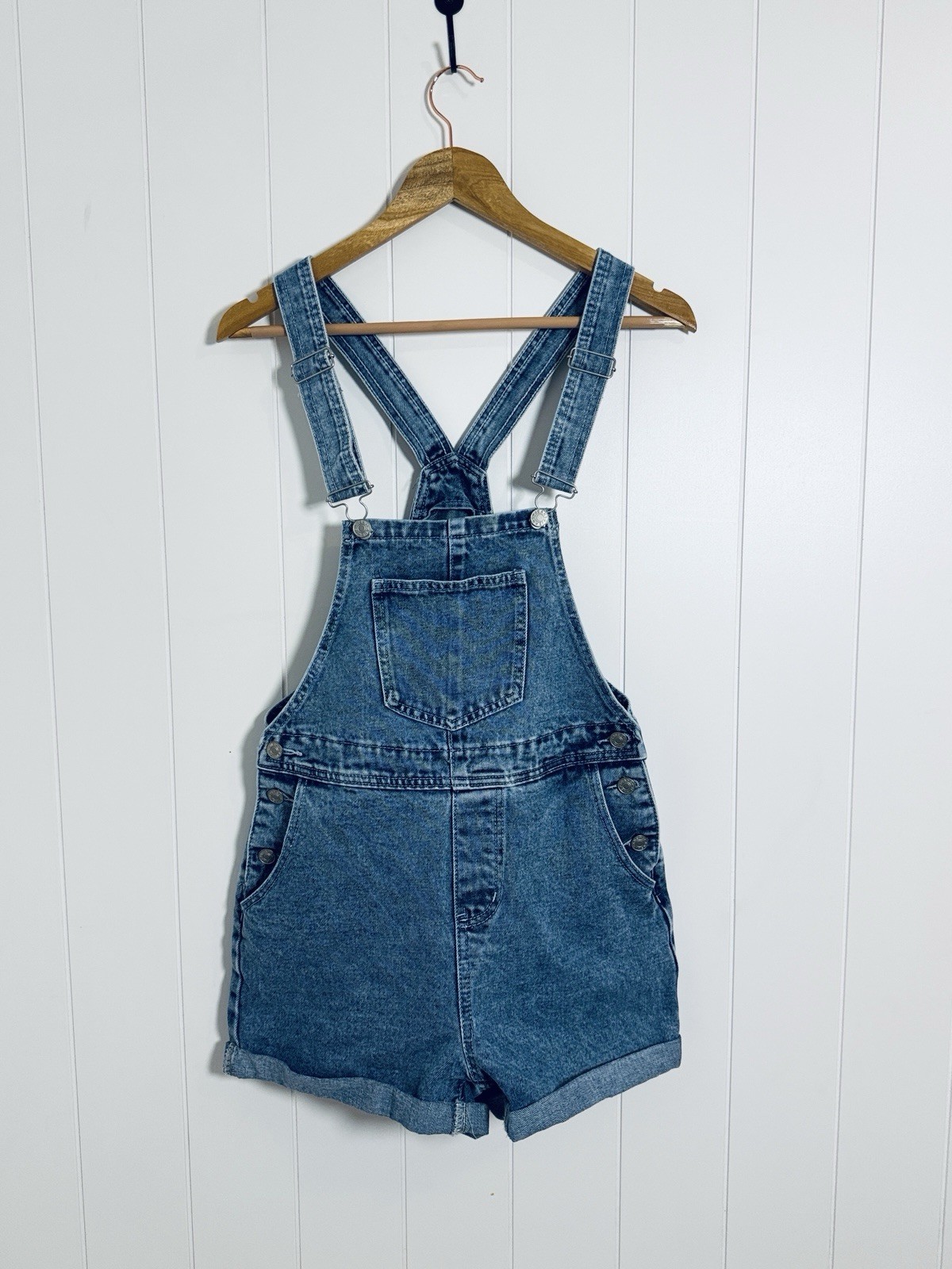 Women’s Blue Denim Overall Shortalls Romper Size M Regular Sleeveless Pockets