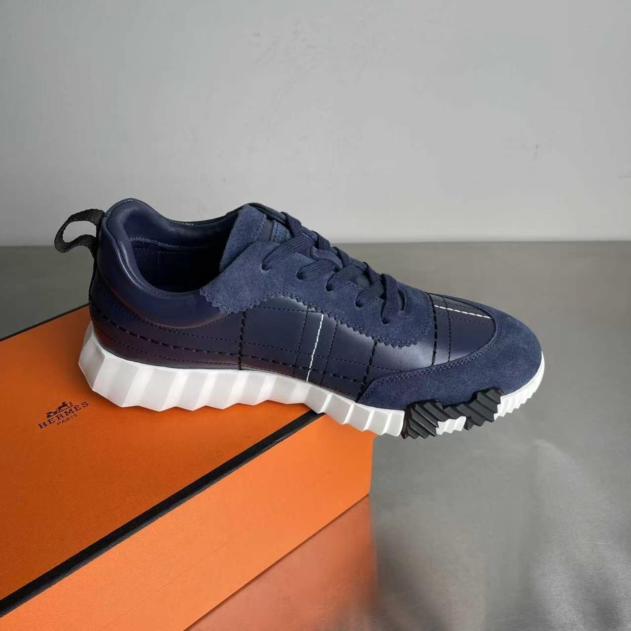 Hermes Bouncing Sneakers Navy Blue Leather Suede Men’s Low Top Trainers