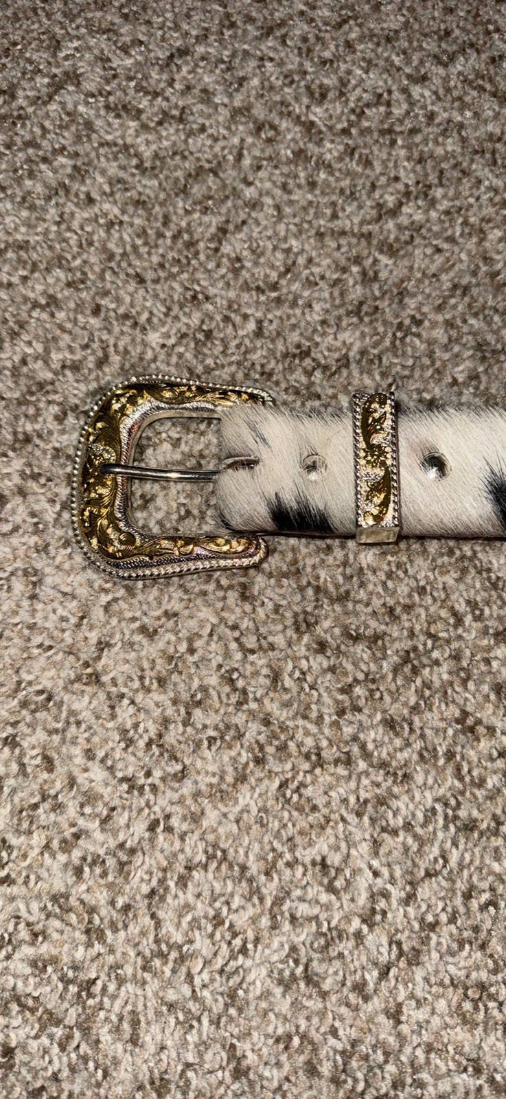 Women’s Cow Print Faux Fur Fashion Belt, Gold Buckle, Adjustable, M