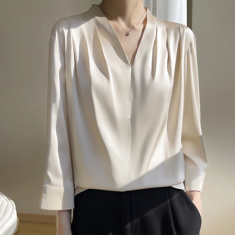 HOT Mulberry Silk Long-sleeved Shirt Women’s Morning Satin Chiffon V-neck Top