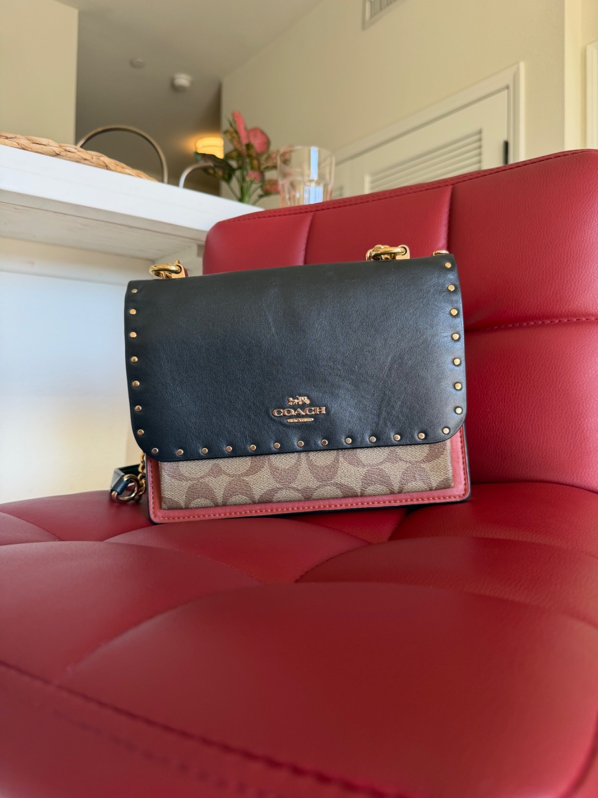 Coach Studded Signature Canvas Chain Crossbody / Shoulder Bag