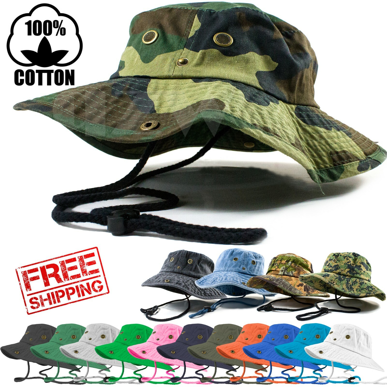 Mens Outdoor Boonie Bucket Hat Fishing Camping Military 100% Cotton Safari Cap