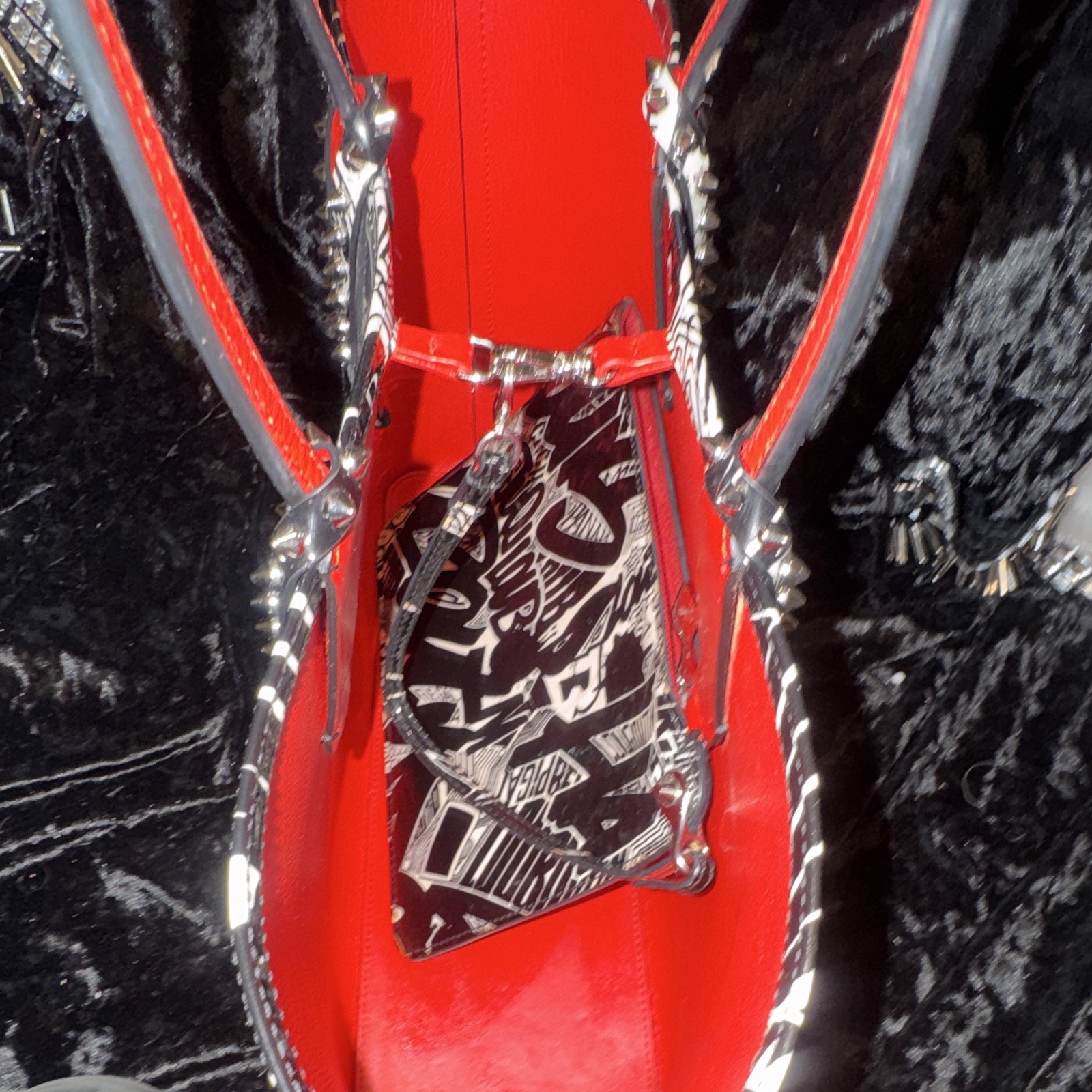 Christian Louboutin Cabata Large Graphic Print Studded Tote Wristlet Red Lined