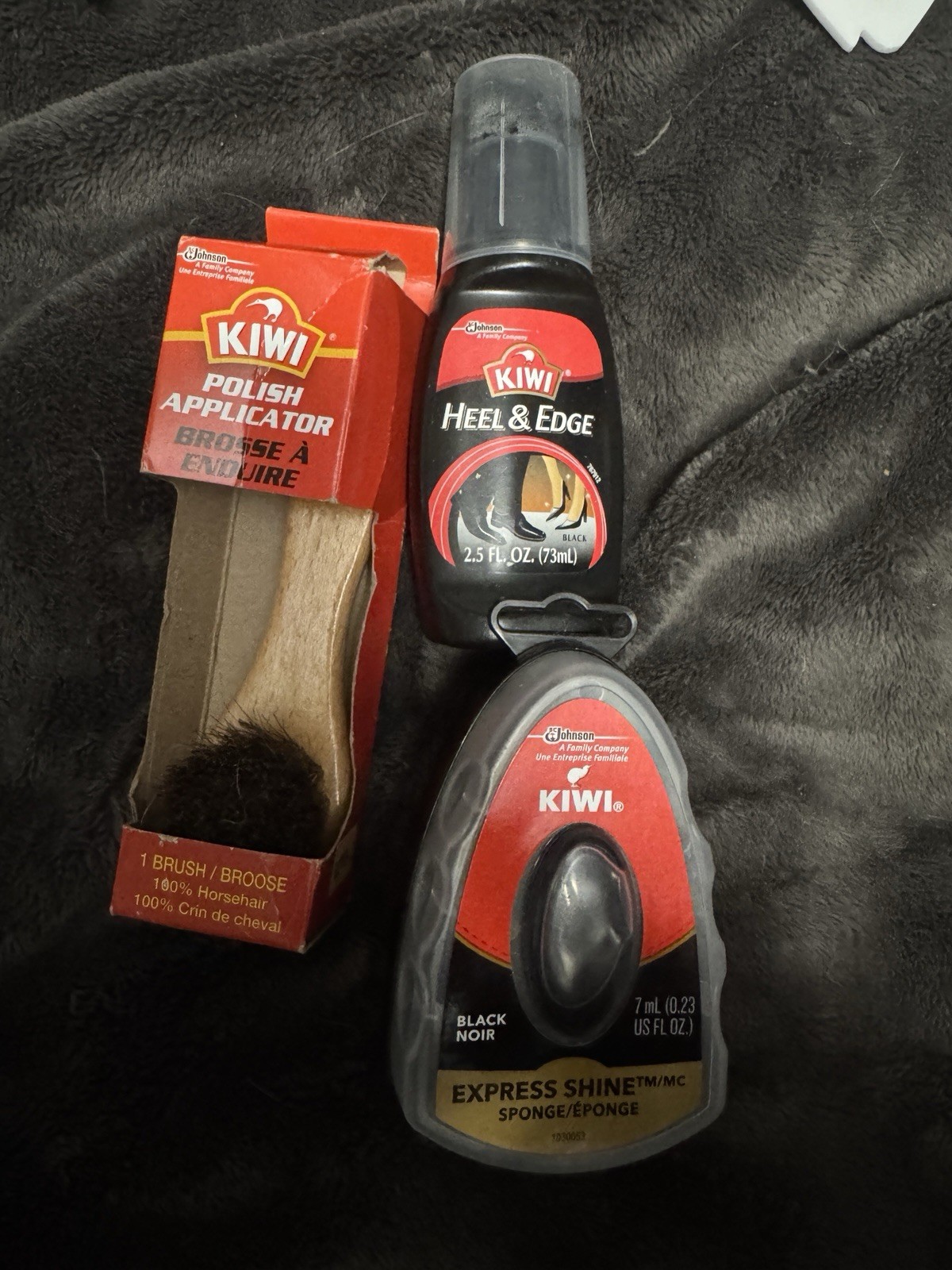 KIWI Shoe Polish Set: Applicator Brush, Heel & Edge Dressing, Black Shine Sponge
