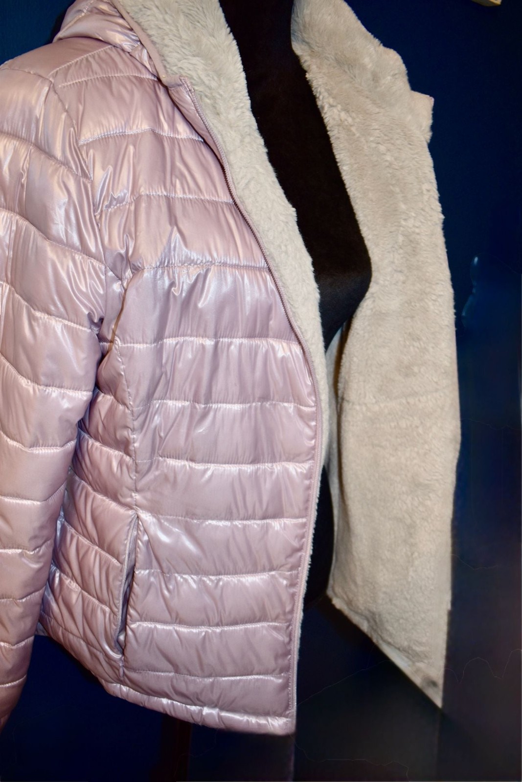 Andrew Marc Women’s Metallic Pink Quilted Faux Fur Lined Hooded Puffer Jacket