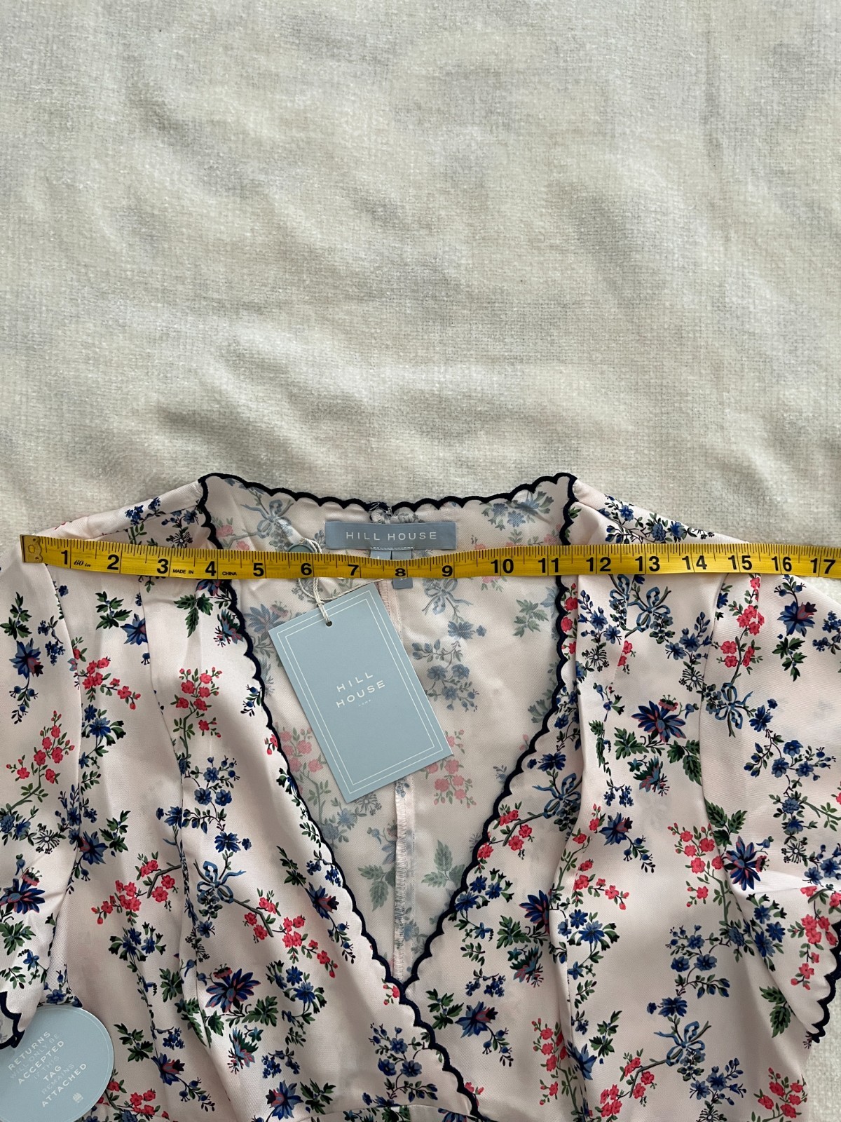 Hill House Home Brie Dress Midi Tea Length V Neck Pink Scallop Bow Chintz Size L