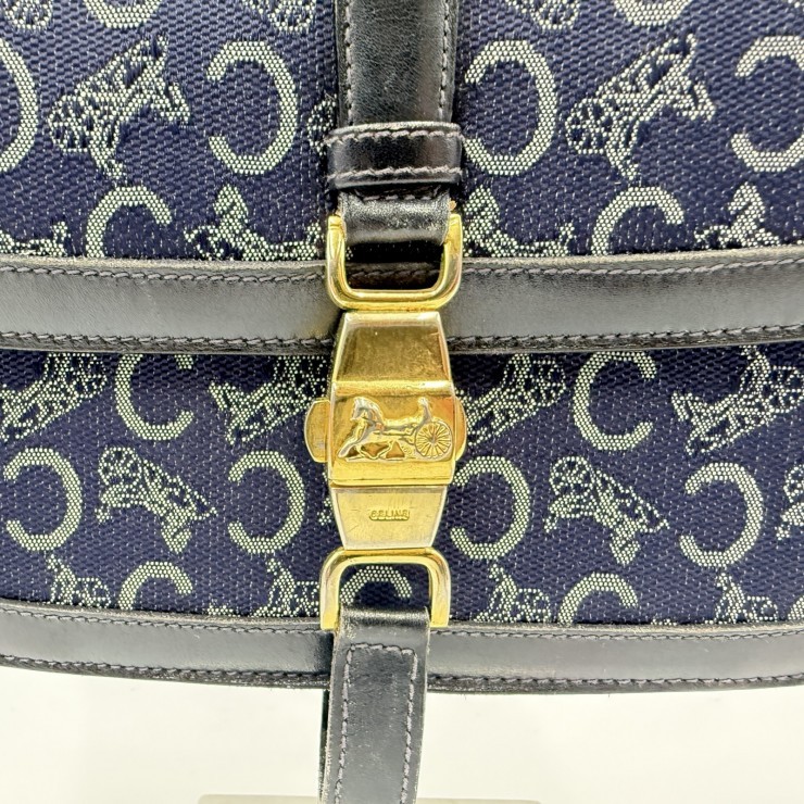 CELINE Sulky C Macadam Vintage Shoulder Bag Navy Canvas and Leather Gold-ton…