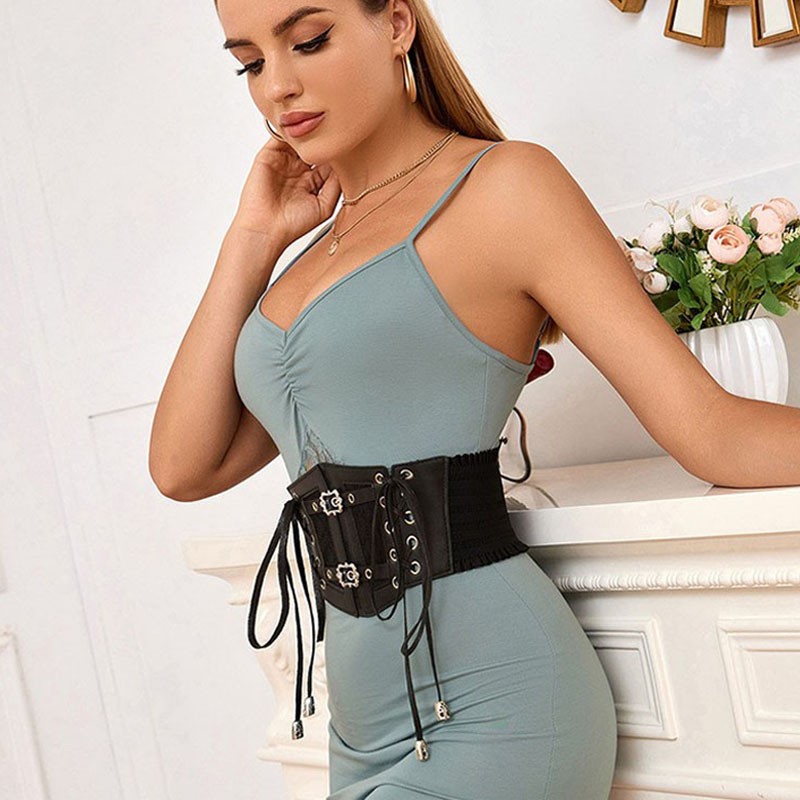 Women Corset Belt Wide Stretchy Waspie Elastic Lace-Up Underbust Waist Belt