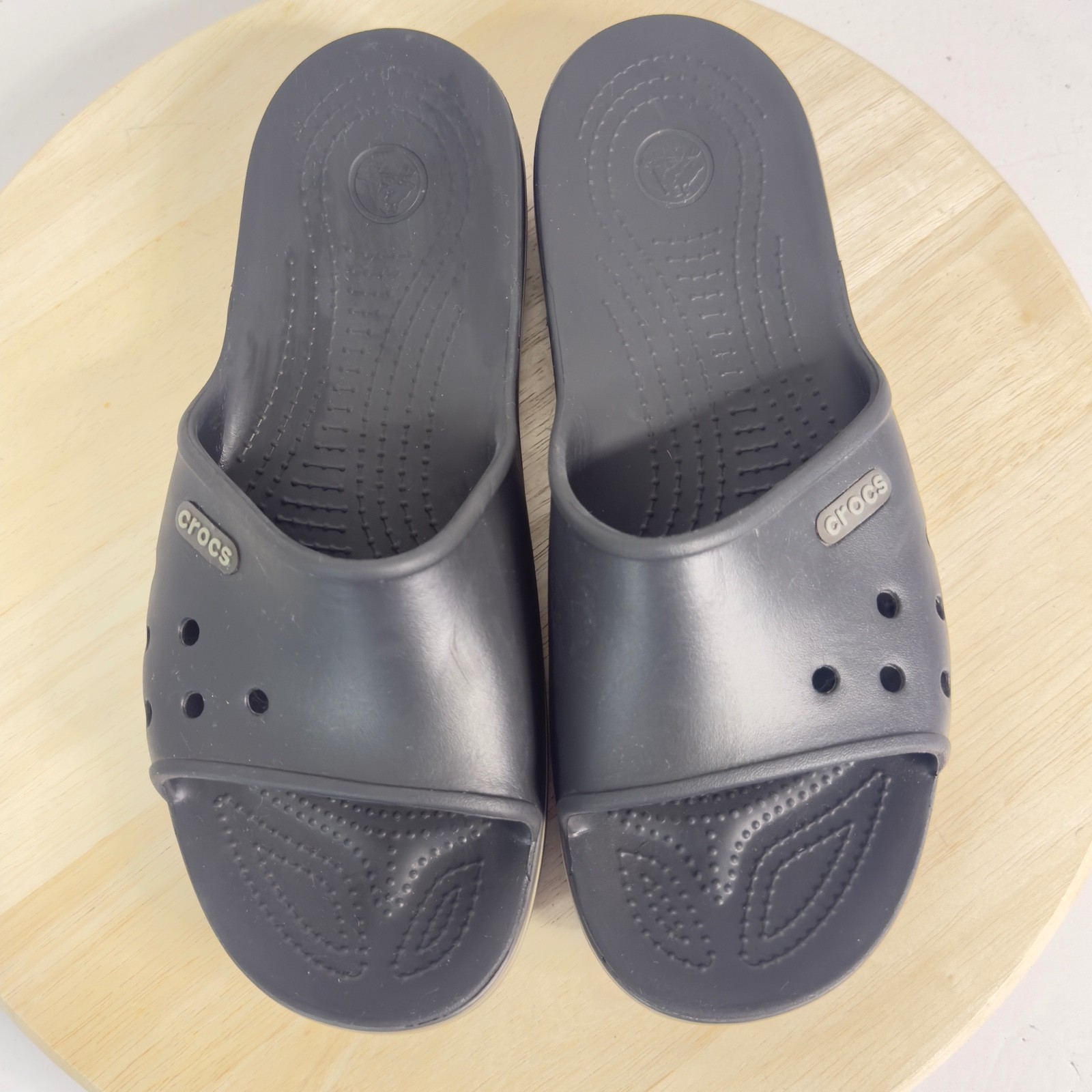 Crocs Unise Bayaband Slides Sandals White Stripe Logo Slip-On Women 12 Men 10