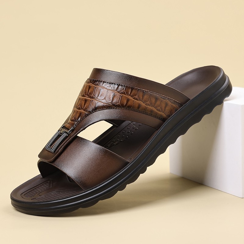 Men’s Croc-Embossed Slide Sandals, PU Leather, Comfort Non-Slip Rubber Sole