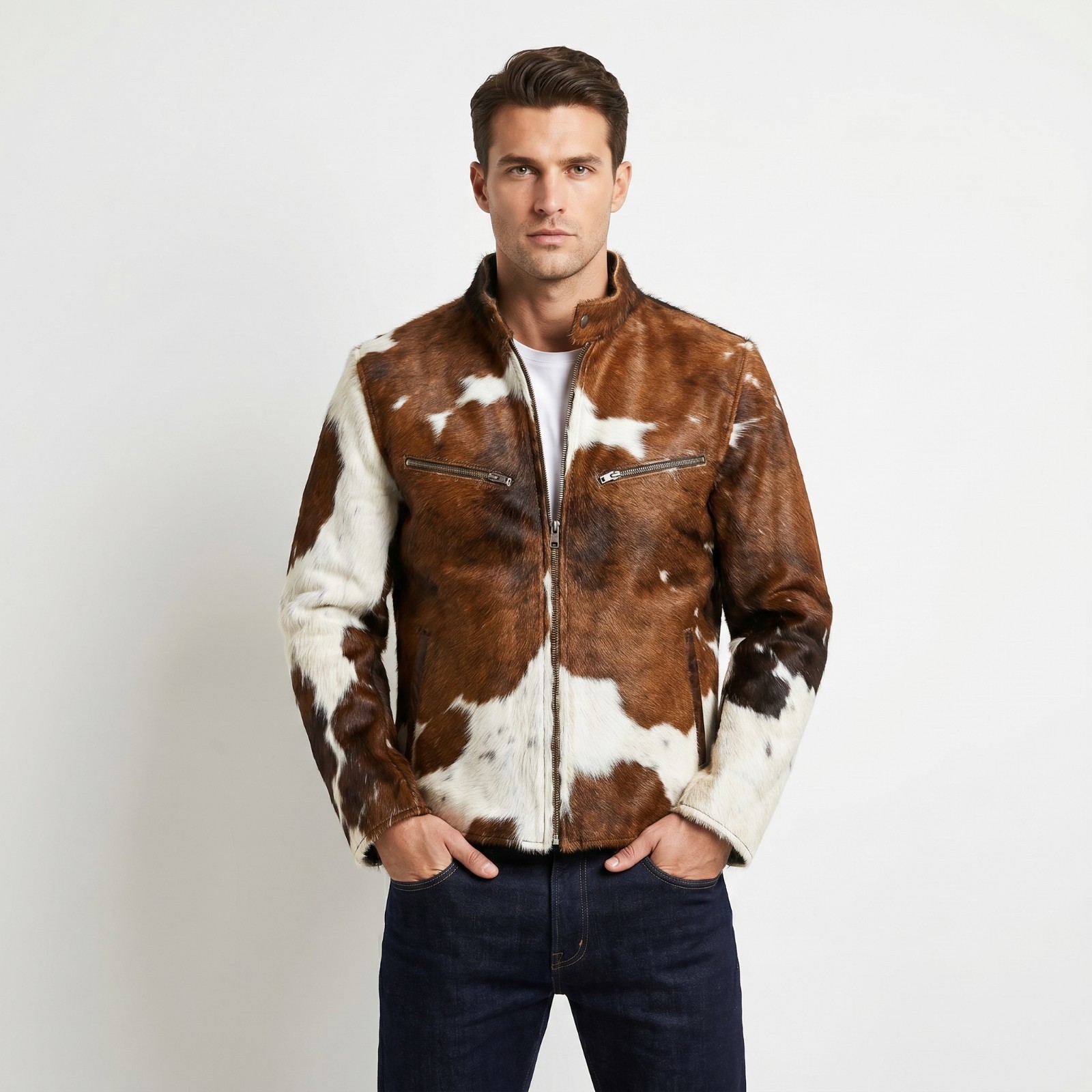 Mens Real Cowhide Leather Jacket Hair on Hide Cow Print Western Cafe Racer Coat