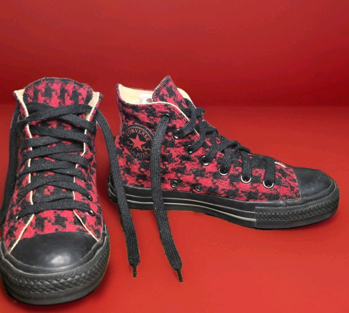 Rare Converse All Star High Top Houndstooth Red Black Woven Fabric Men 4 Women 6