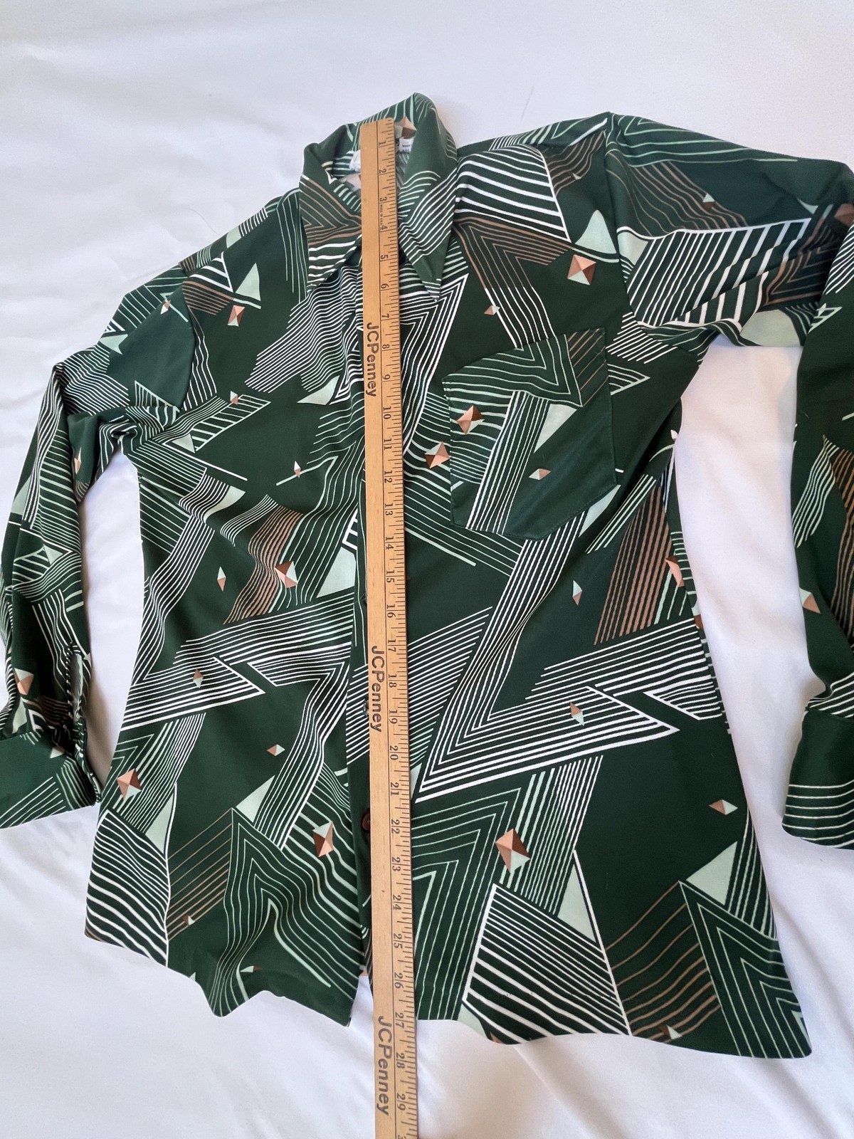 Vintage Disco Shirt M 70s Dagger Collar Long Sleeve Green Geometric Polyester