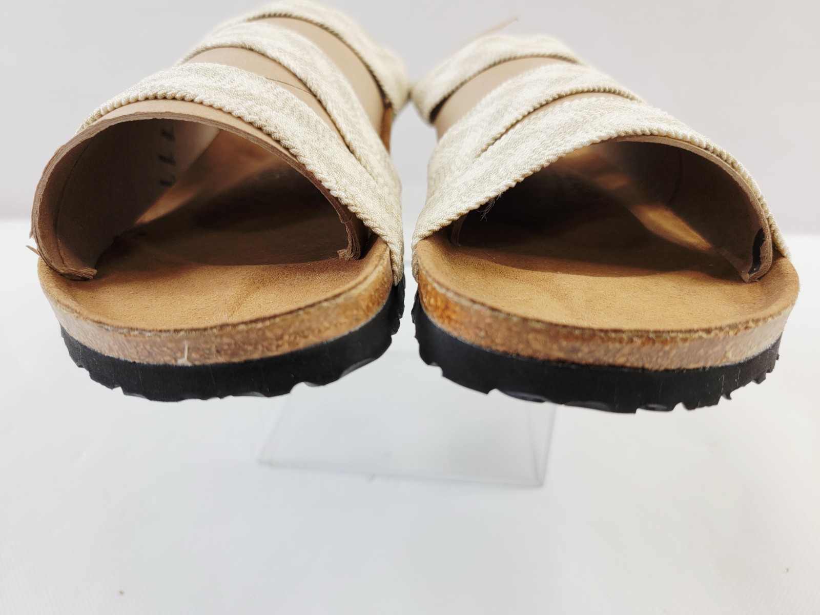 Birkenstock Birkis EU 41 / US 10 Triple Strap Stretch Cotton Plaid Beige & White