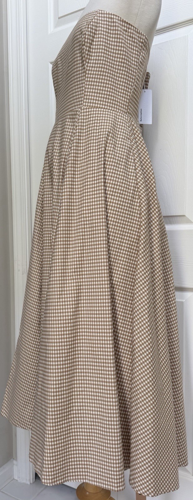 $278 NWT Reformation SZ 10 Strapless Astoria Dress Camel Ivory Anzo Check Tulle
