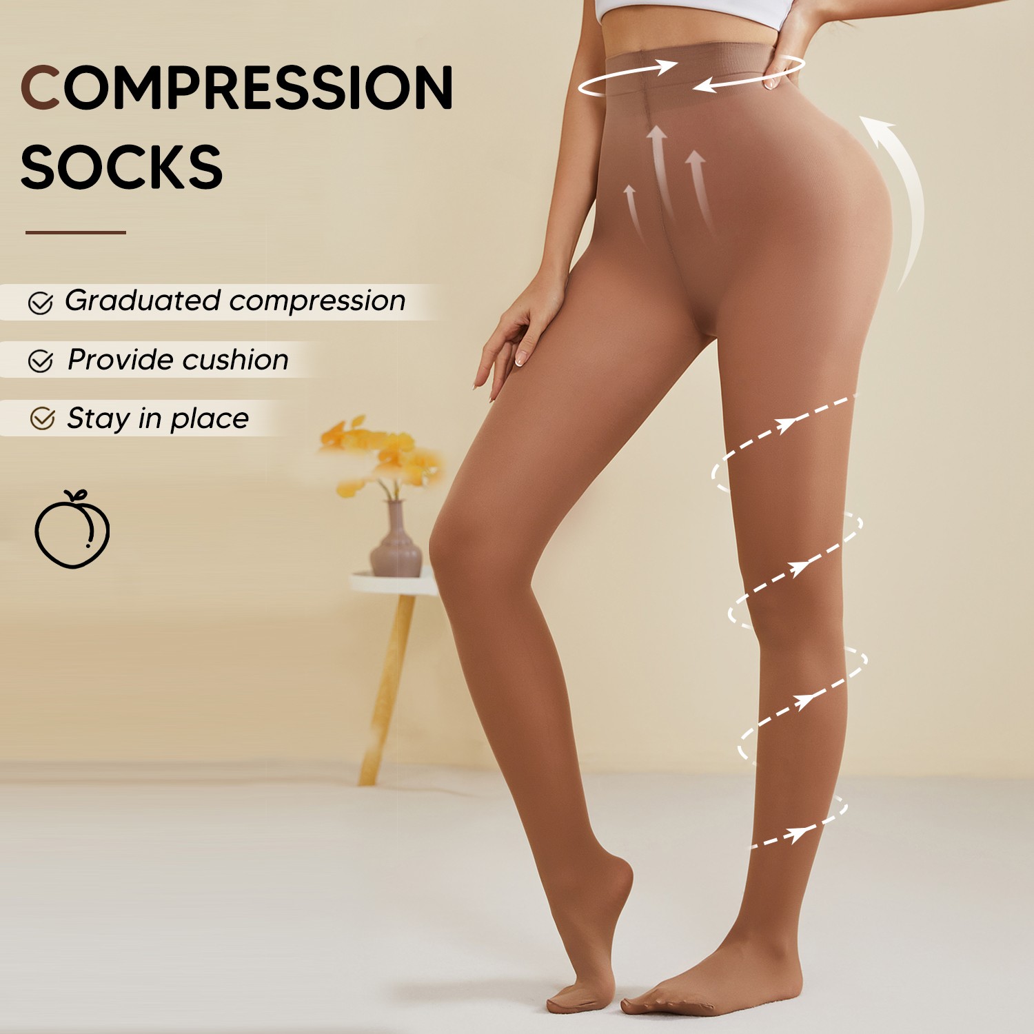 Semi Sheer Control Top Pantyhose for Women High Waist High Stretch Tights Black