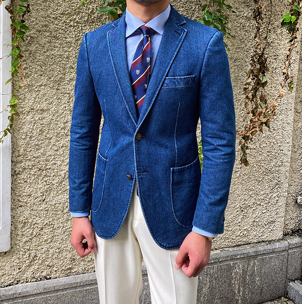 Denim Men Suits Single-Breasted Jacket Notch Lapel Blazer Business Casual Wear