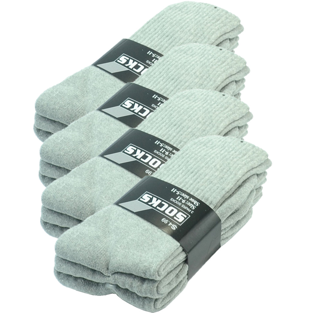 3-12 Pairs Men Gray Sports Athletic Work Cushioned Crew Cotton Socks Size 9-13