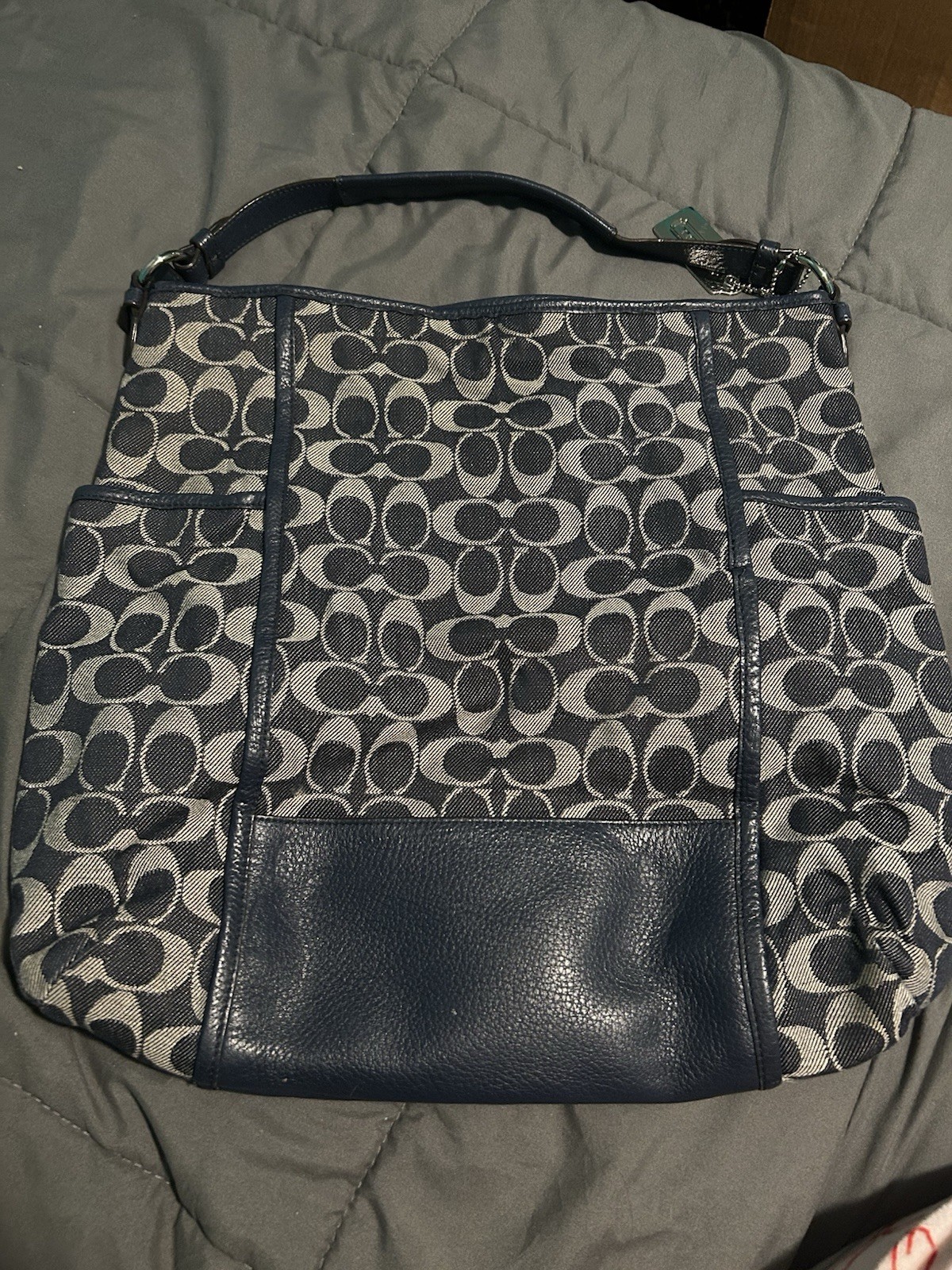 Coach Signature Monogram Shoulder Bag Purse Blue/Gray Zip Bag Charm Medium