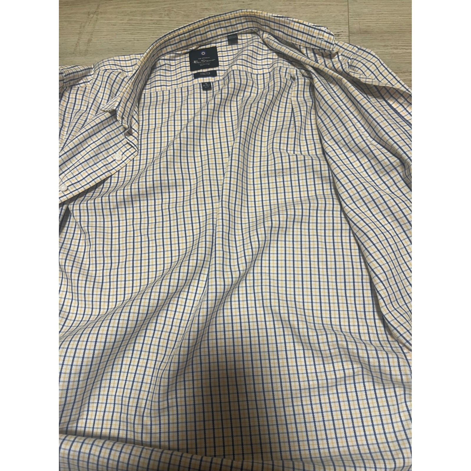 Ben Sherman Mens Sz Med Plaid Strech Button Up Shirt White Blue Yellow GBH Blitz