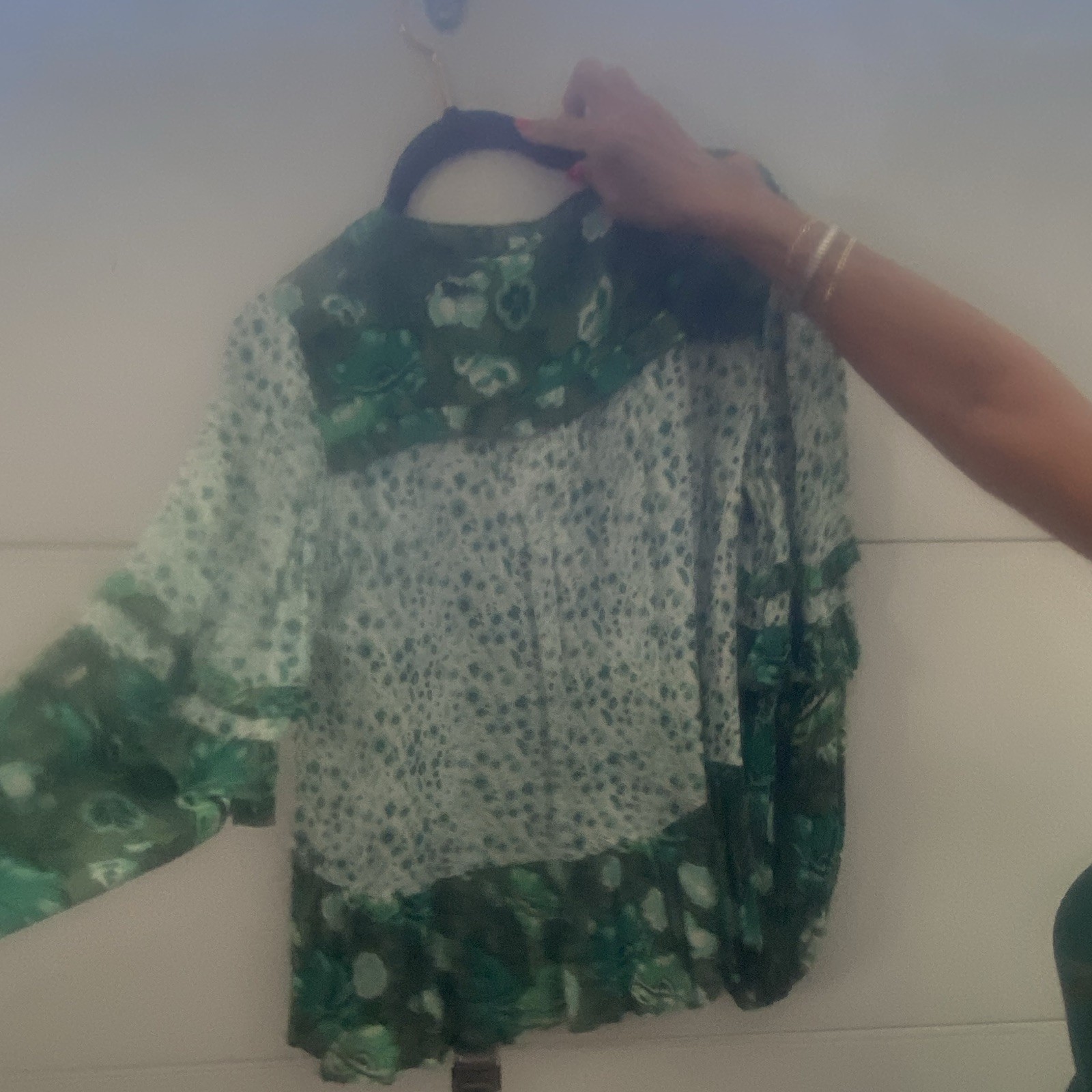 Spell & the Gypsy Green Floral V-Neck Bell Sleeve Ruffle Blouse, size small
