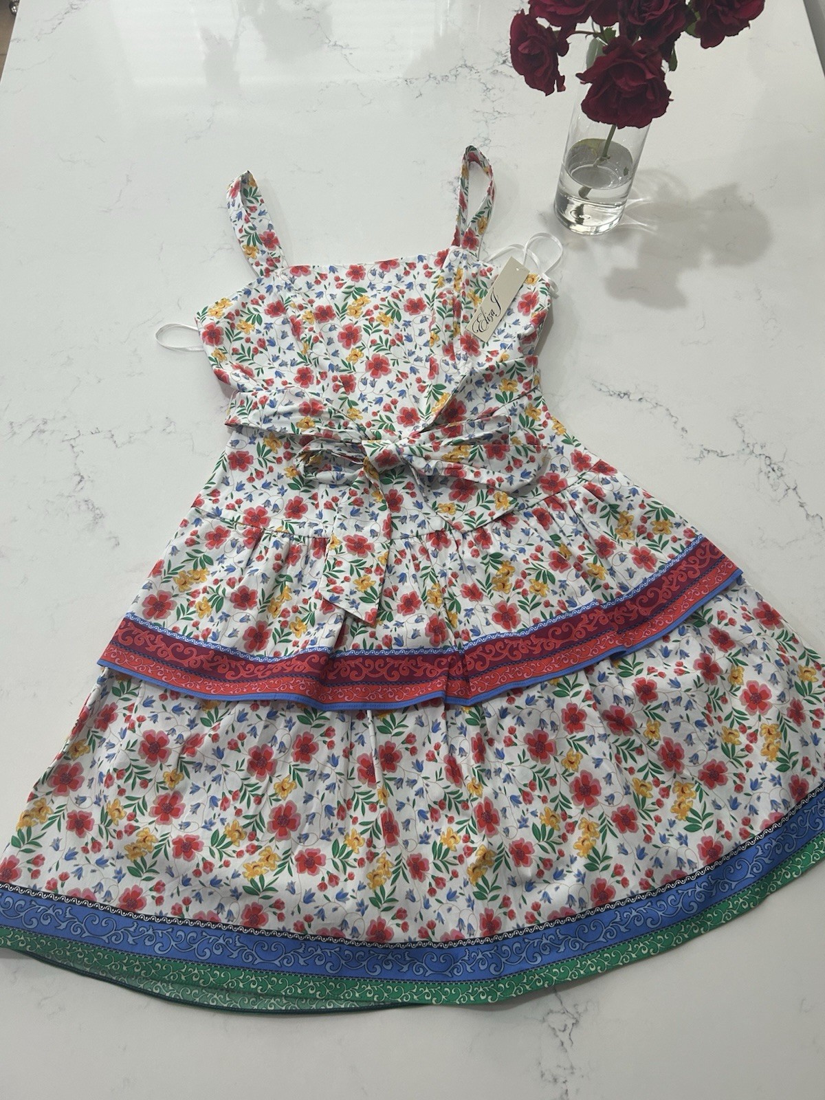 NWT Eliza J Floral Dress Size 10 Knee Length Square Neck Ruffle Tiered Bow Party