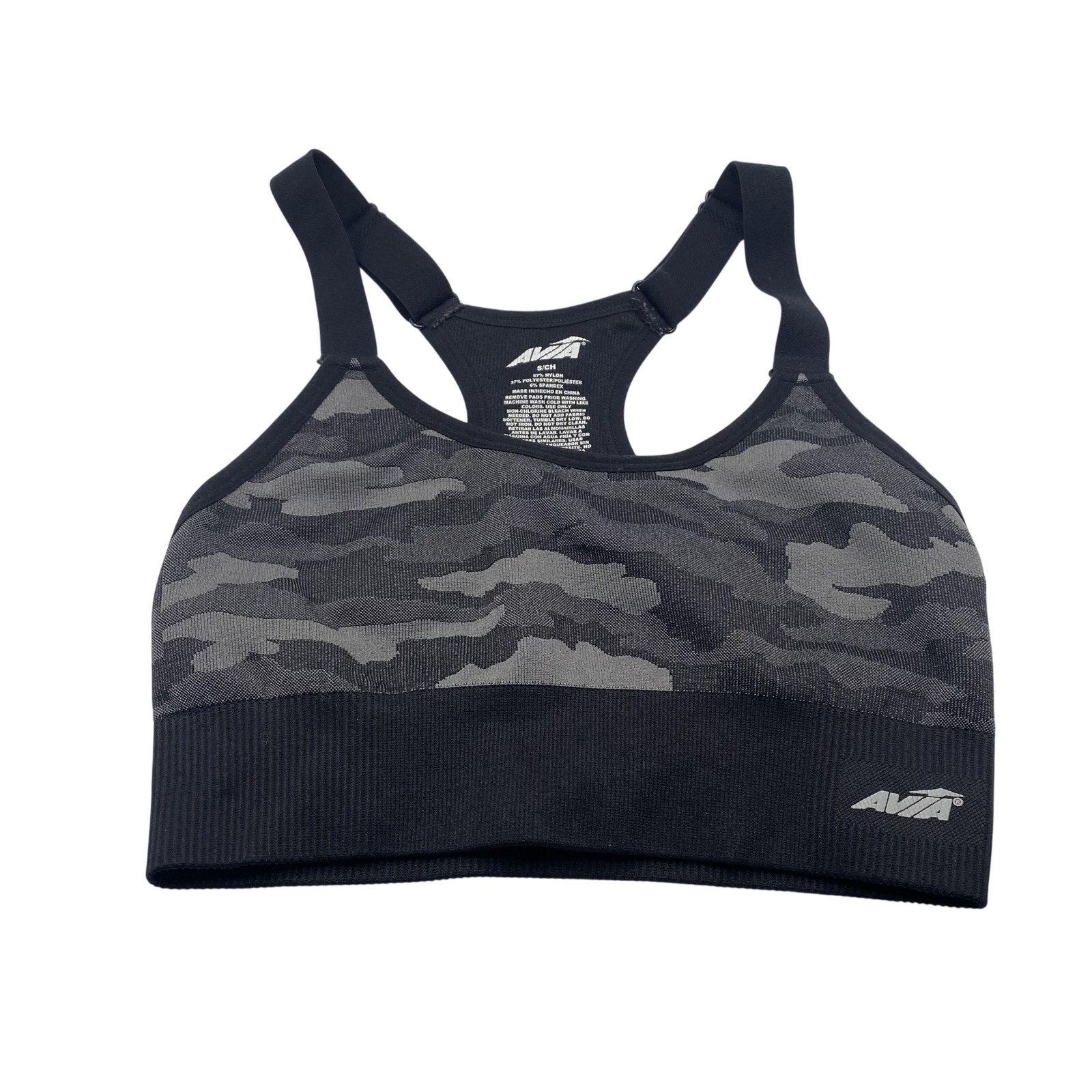 Avia Sports Bra Womens Small Gray Camo Seamless Racerback Adjustable Athletic