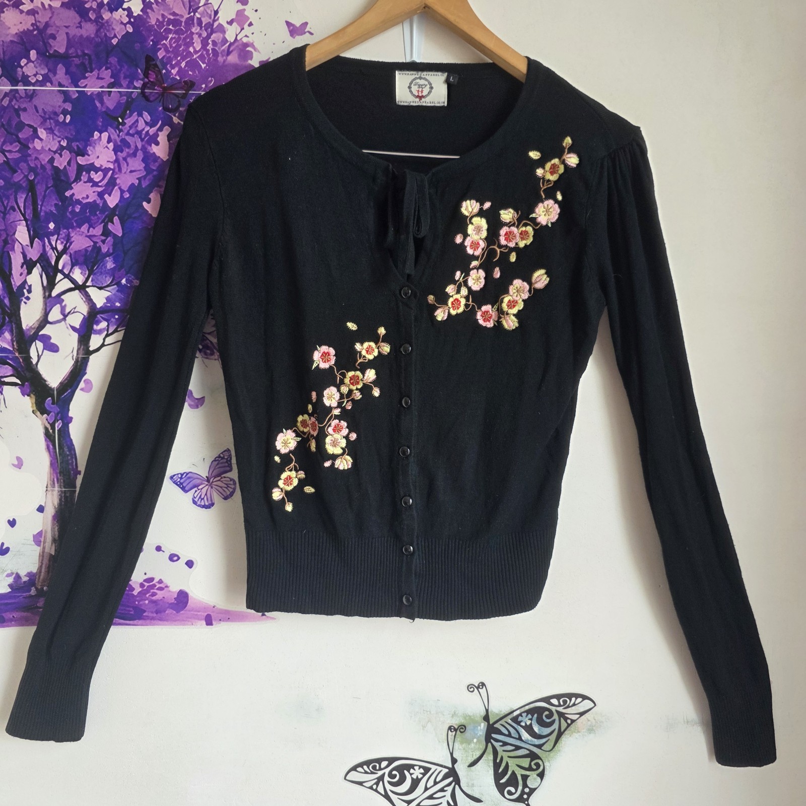 Dancing Days by Banned Retro Cardigan Black Embroidered Floral Blossom 12 14