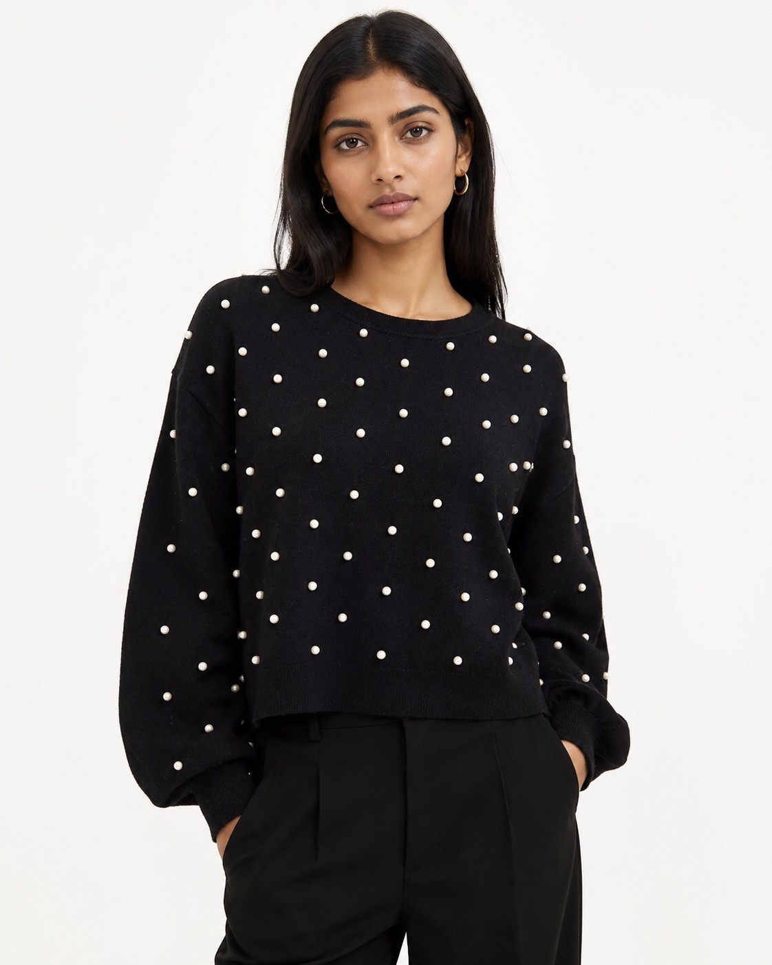 ZARA Black Pearl Embellished Knit Sweater Women’s Large L Balloon Sleeve Jumper