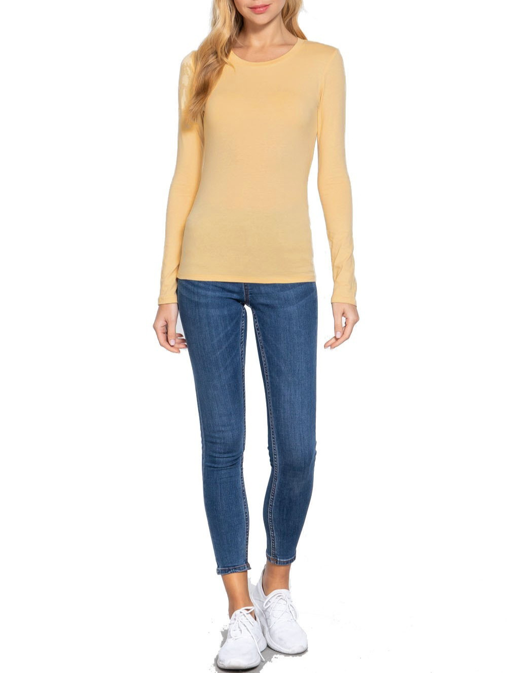 (Active Basic) Long Sleeve Plain CREW Neck T-shirts Cotton/Spandex Junior Size