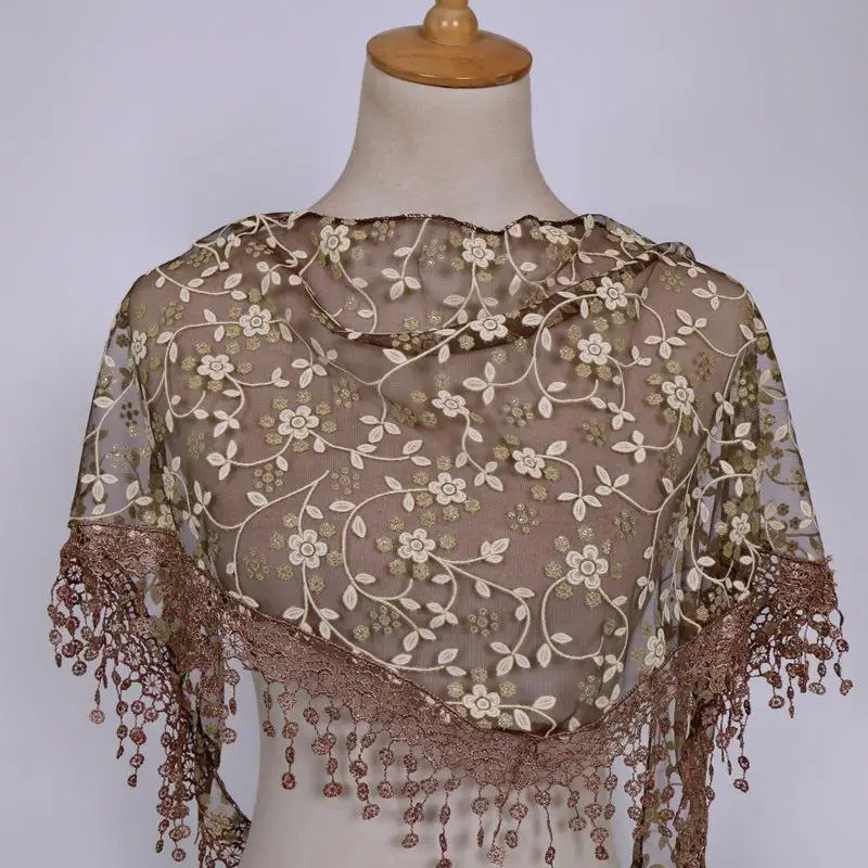 Women Tassel Triangle Scarf Embroidered Lace Floral Shawl Veil Wrap