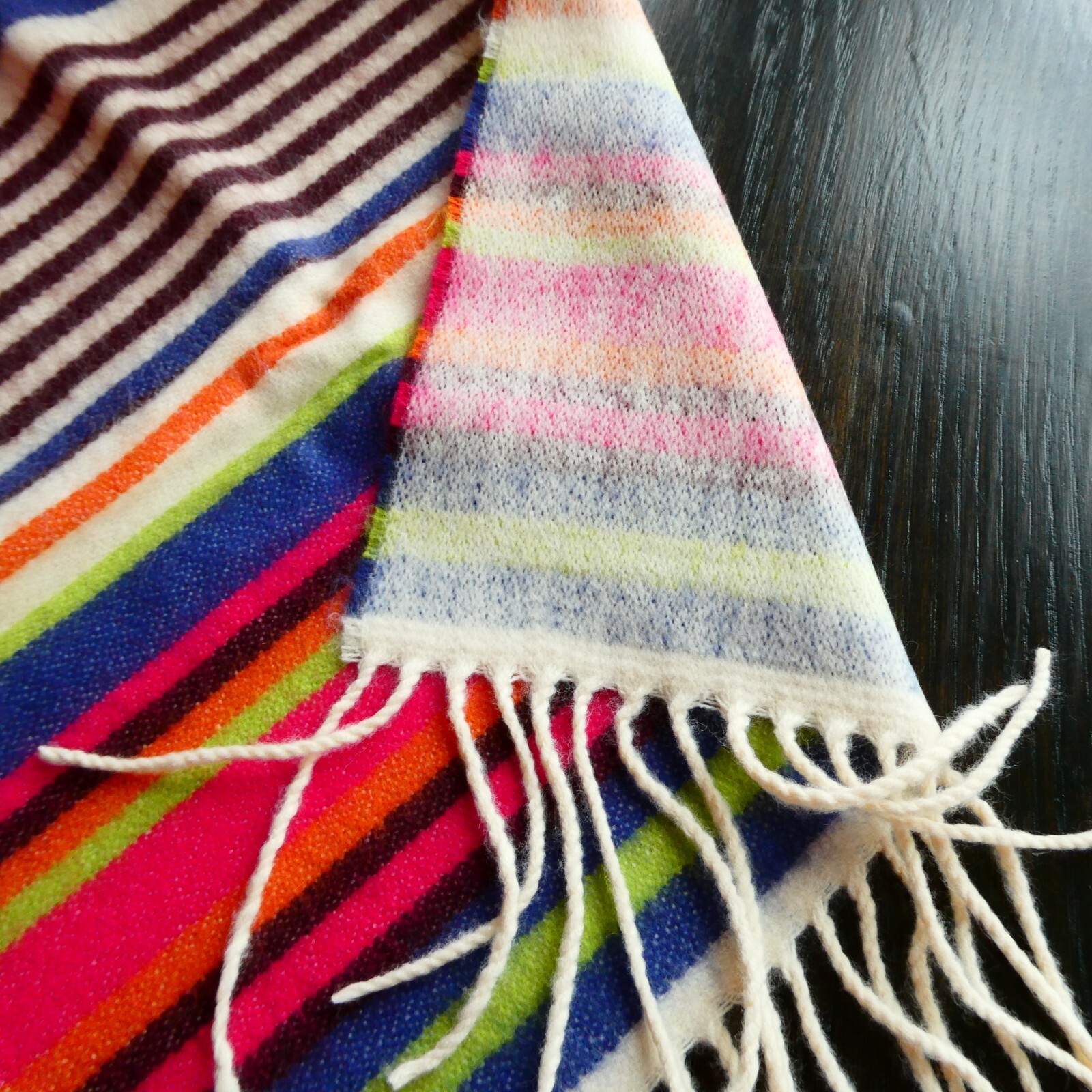 NEW 100% Pure Cashmere Bright Colors Striped Scarf 12×66 inch Fringe Germany