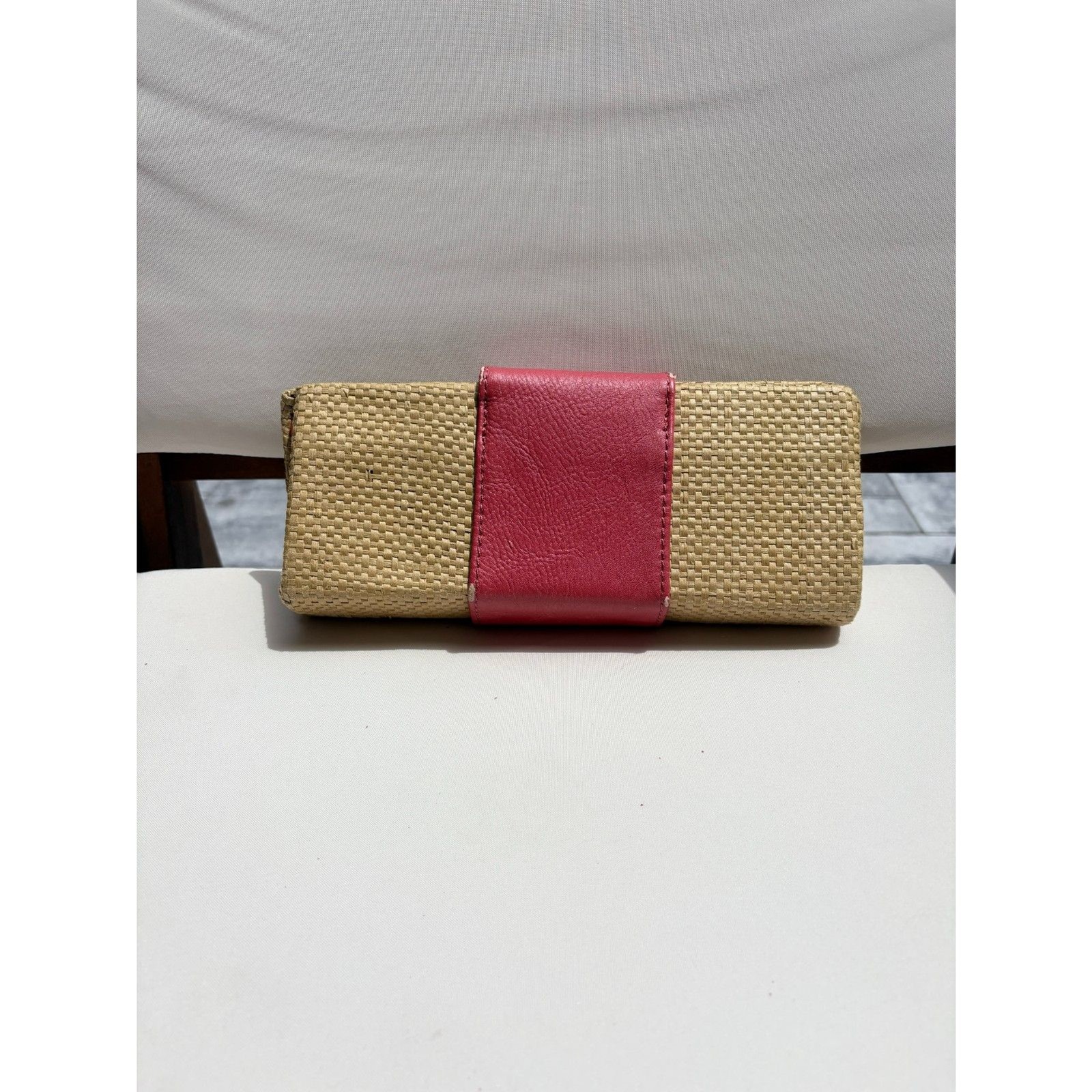 Mud Pie Woven Straw Clutch Wallet Pink Faux Leather Sand Dollar Accent