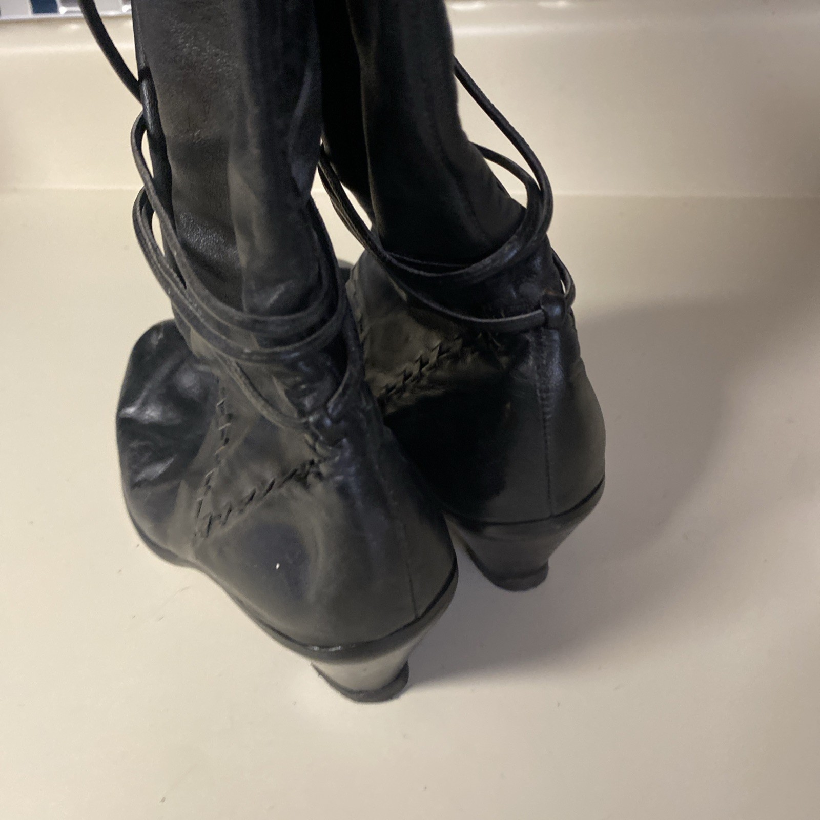 Vintage 90s Impo Taiwan Black Slouch Leather Block Heel Mid Calf Boot 5.5