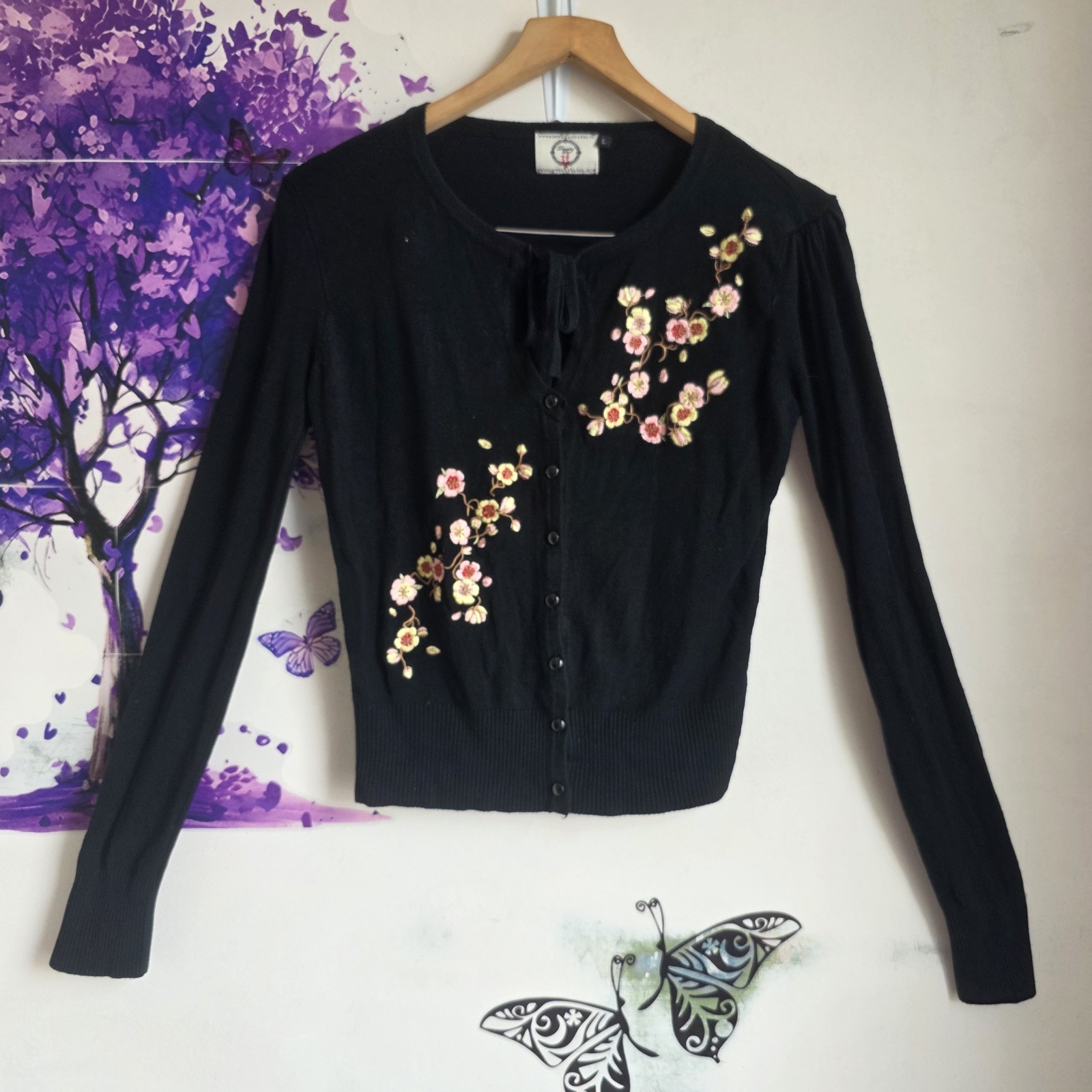 Dancing Days by Banned Retro Cardigan Black Embroidered Floral Blossom 12 14